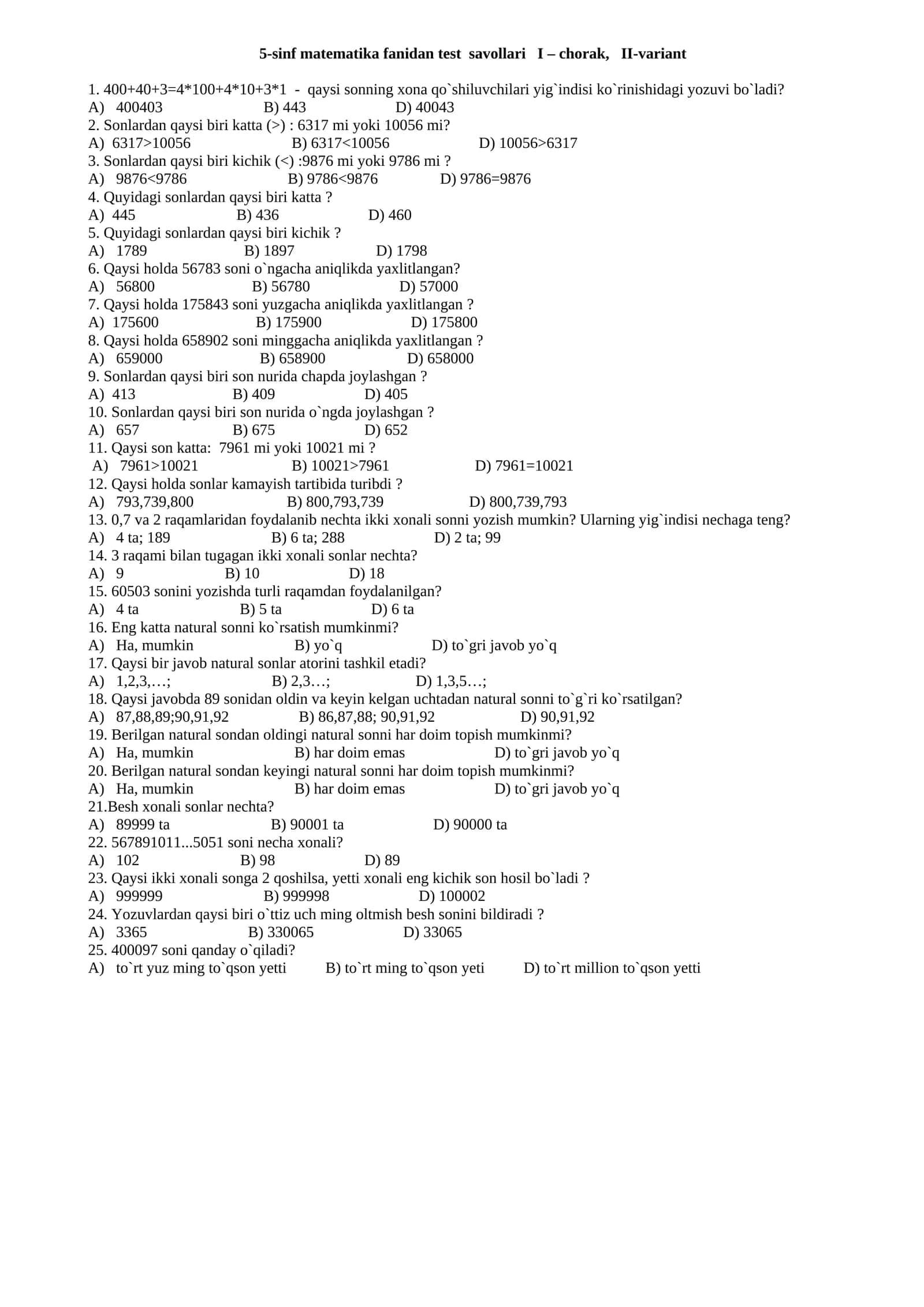5-sinf matematika fanidan test savollari I – chorak, II-variant