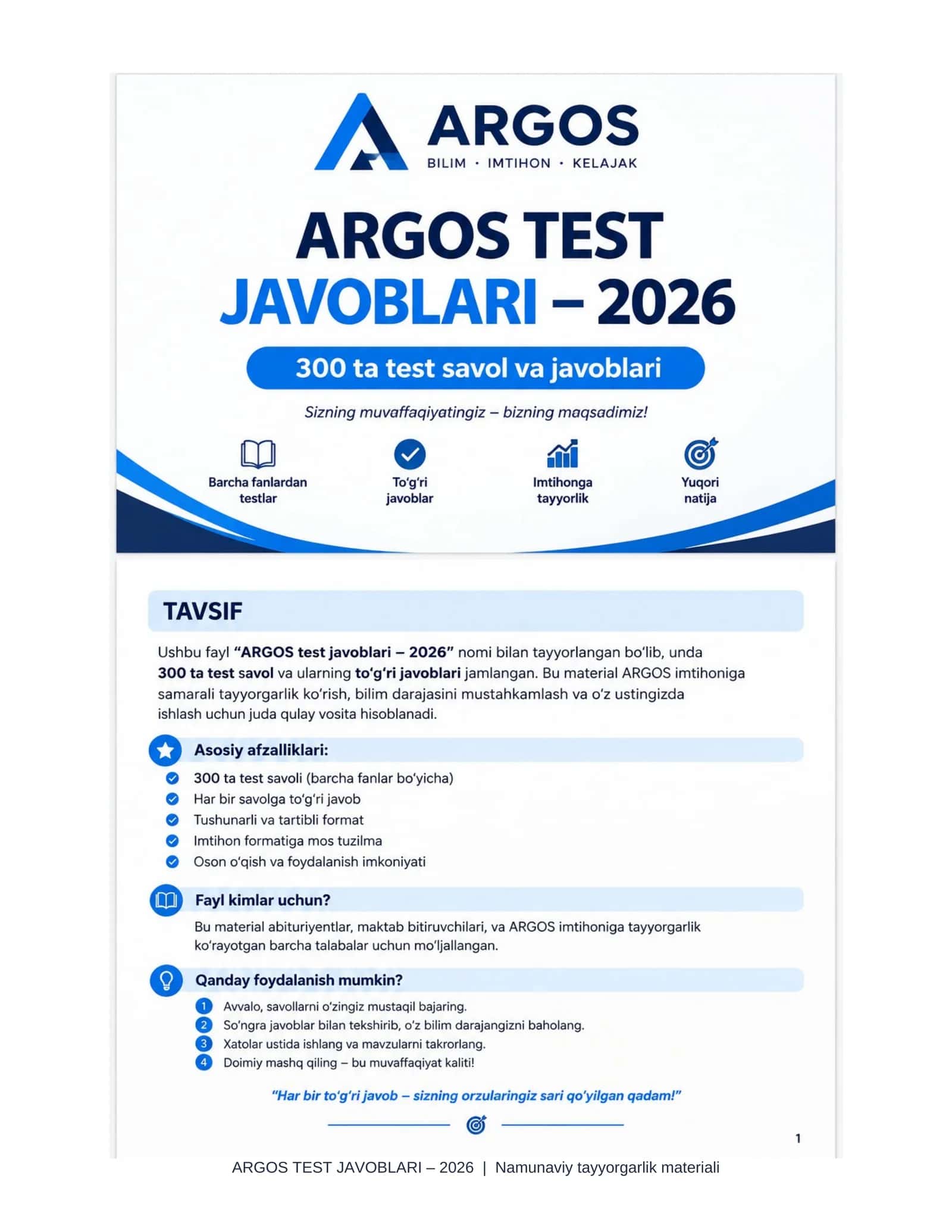 ARGOS TEST JAVOBLARI — 2026 | 300 ta test savoli va javoblari