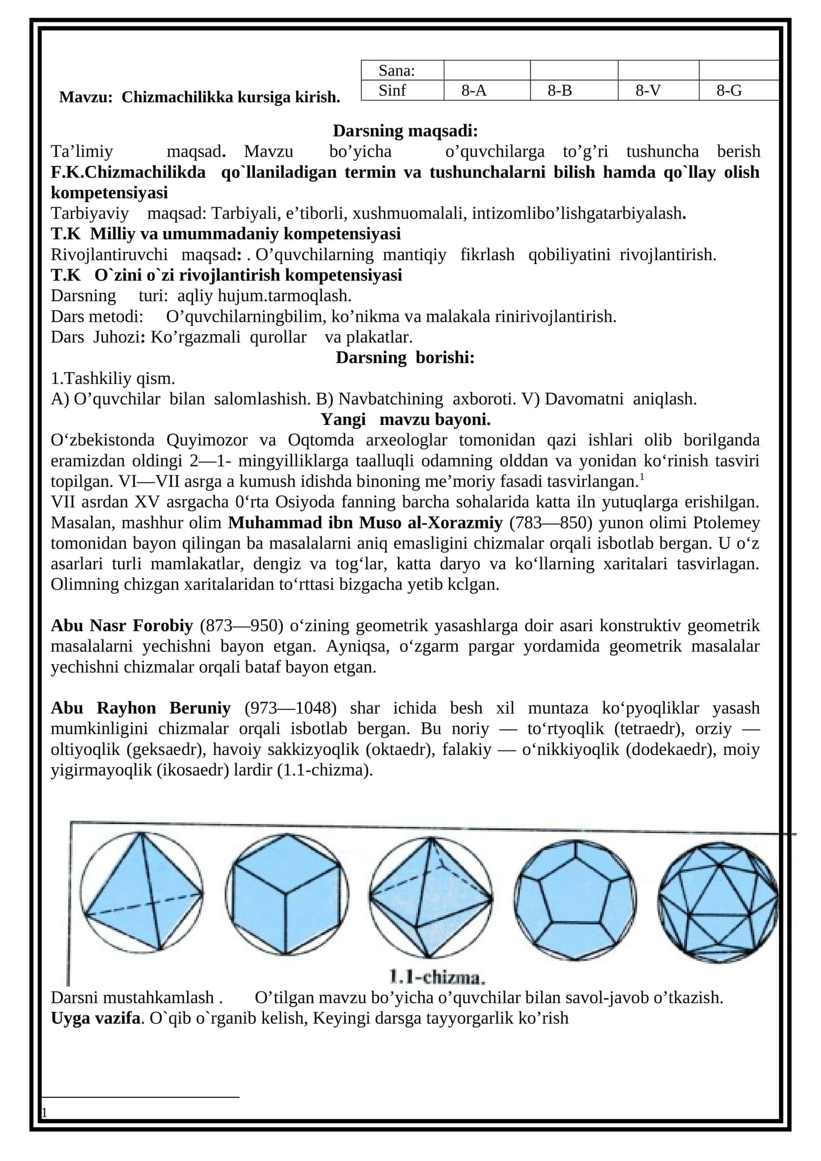 Chizmachilik dars ishlanma 8-sinf