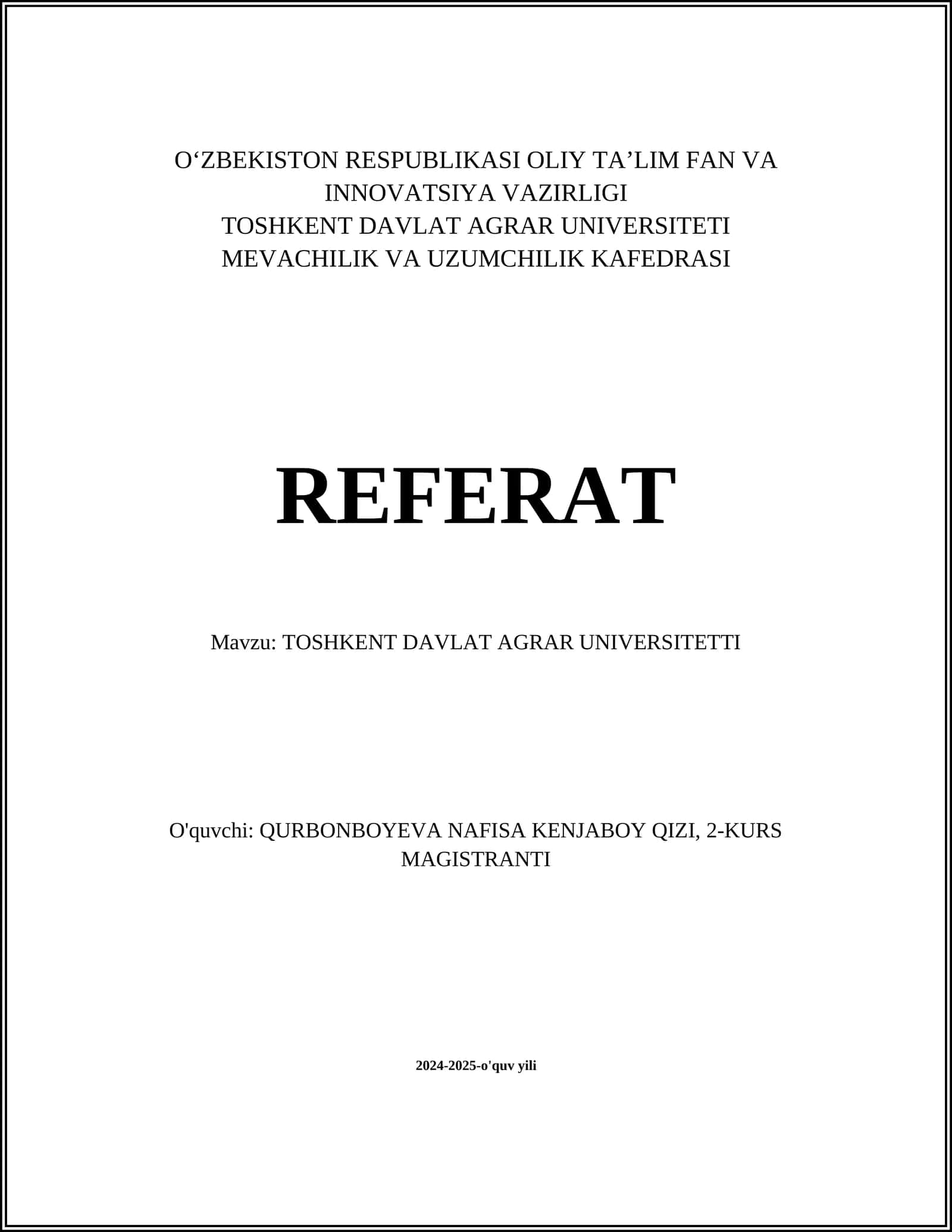 Toshkent Davlat Agrar Universitetining tarixi