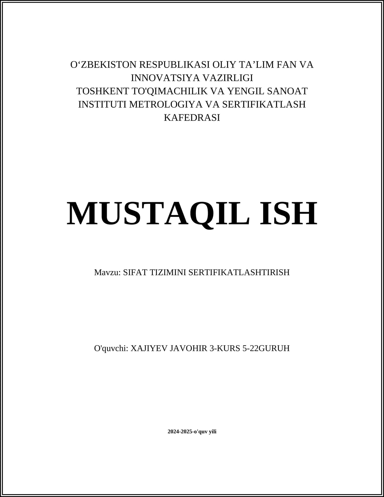 SIFAT TIZIMINI SERTIFIKATLASHTIRISH
