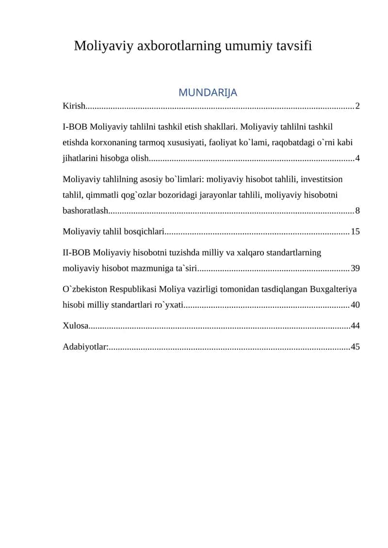 Moliyaviy axborotlarning umumiy tavsifi