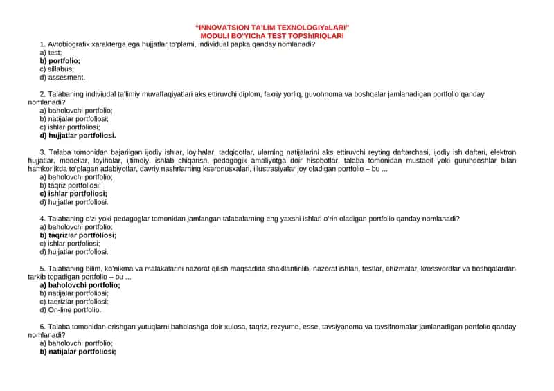 INNOVATSION TA’LIM TEXNOLOGIYaLARI MODULI BO‘YIChA TEST TOPShIRIQLARI