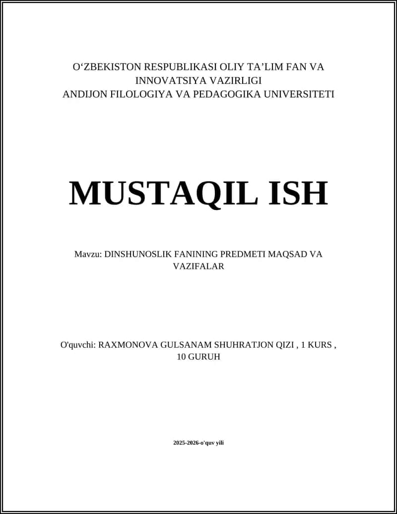 DINSHUNOSLIK FANINING PREDMETI MAQSAD VA VAZIFALAR