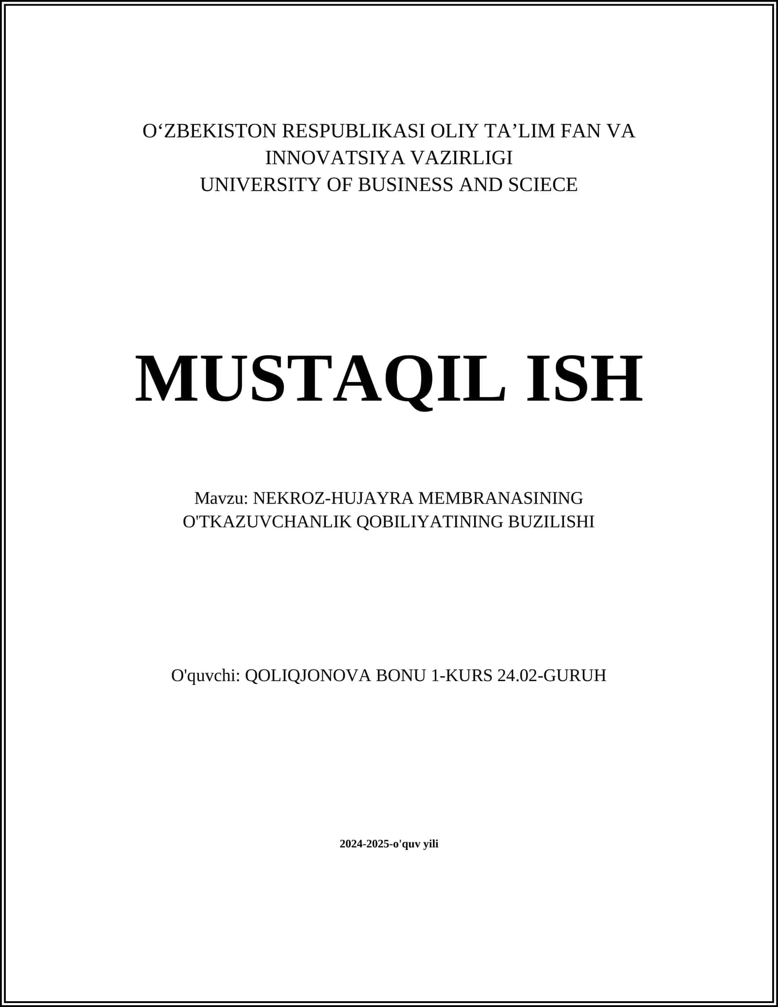 NEKROZ-HUJAYRA MEMBRANASINING O'TKAZUVCHANLIK QOBILIYATINING BUZILISHI