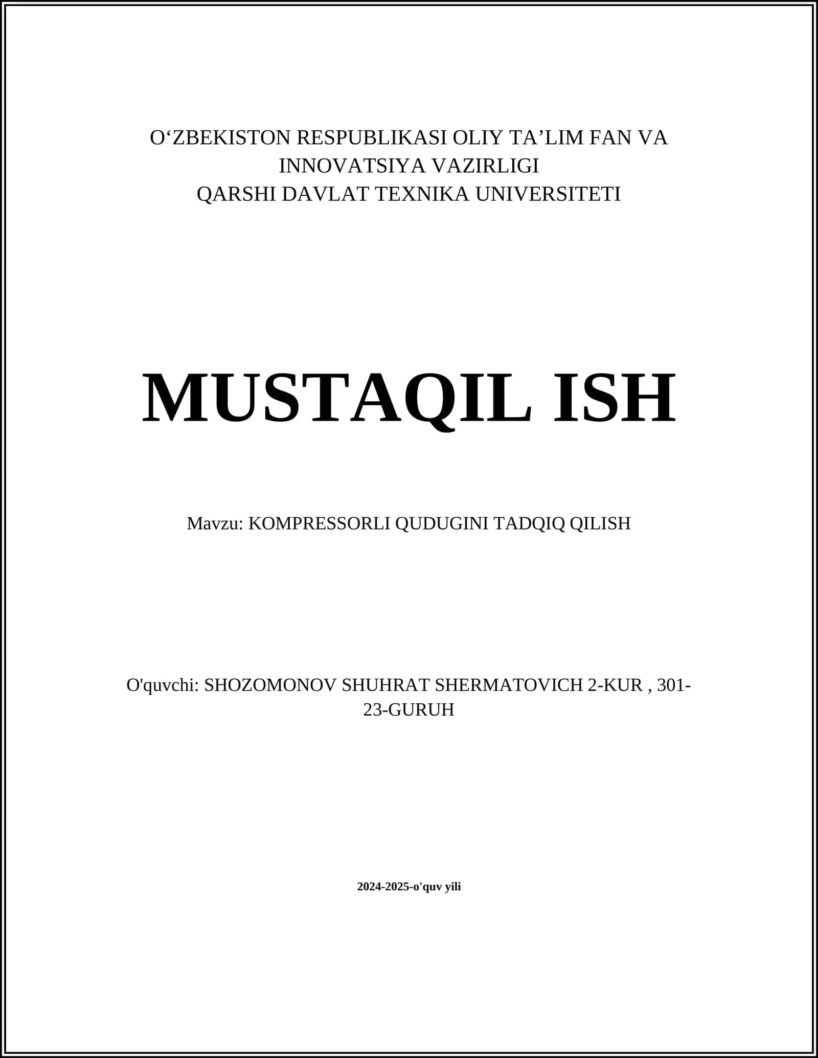 KOMPRESSORLI QUDUGINI TADQIQ QILISH
