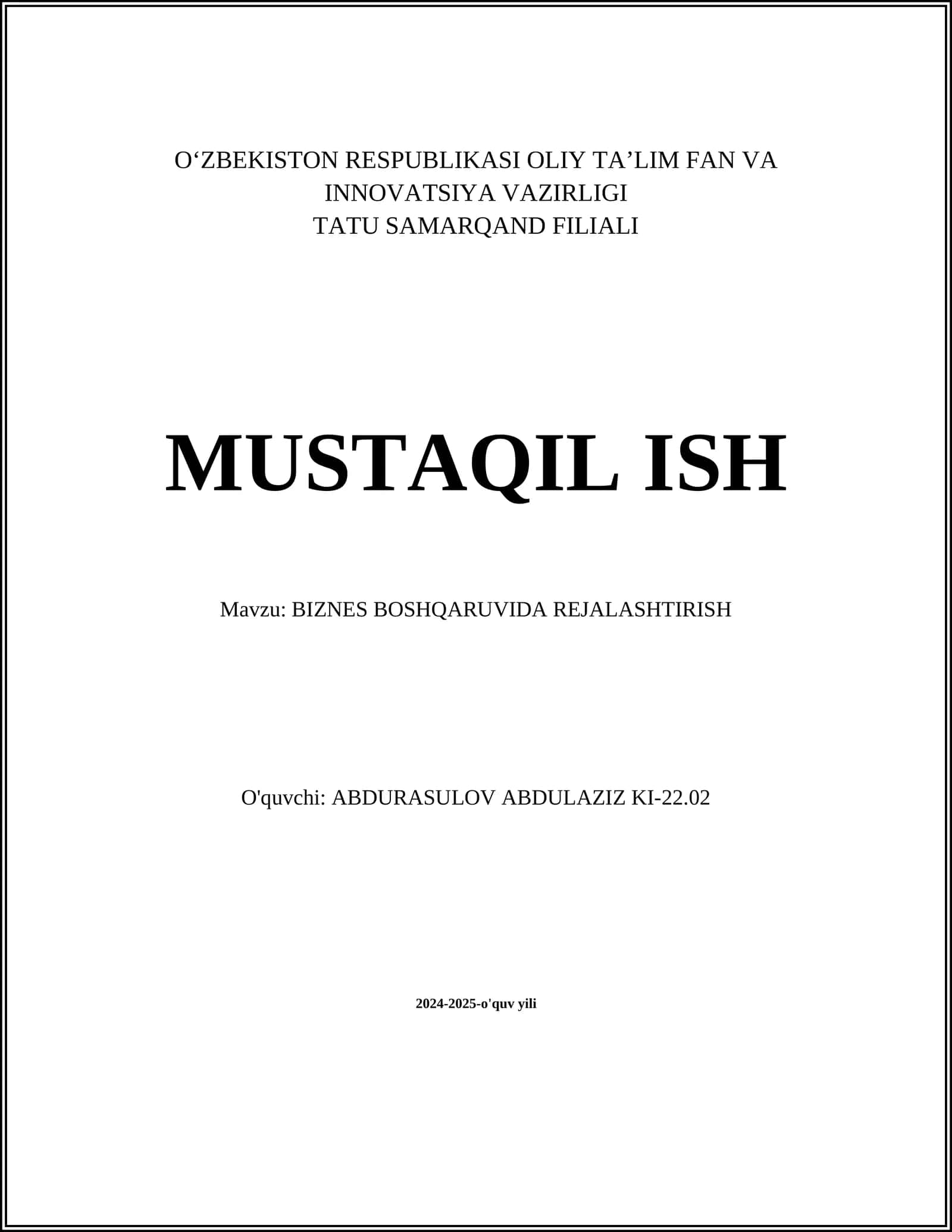 BIZNES BOSHQARUVIDA REJALASHTIRISH