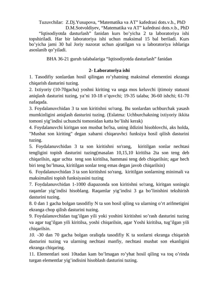 Iqtisodiyotda dasturlash fanidan kurs