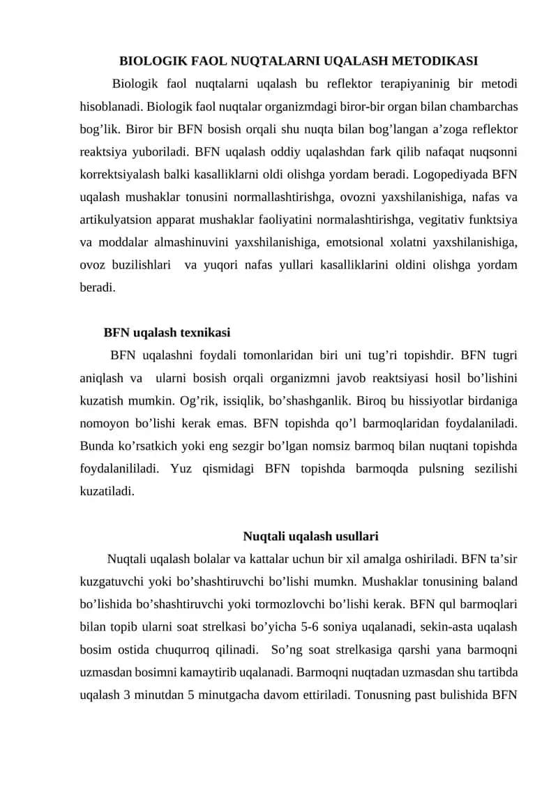 BIOLOGIK FAOL NUQTALARNI UQALASH METODIKASI