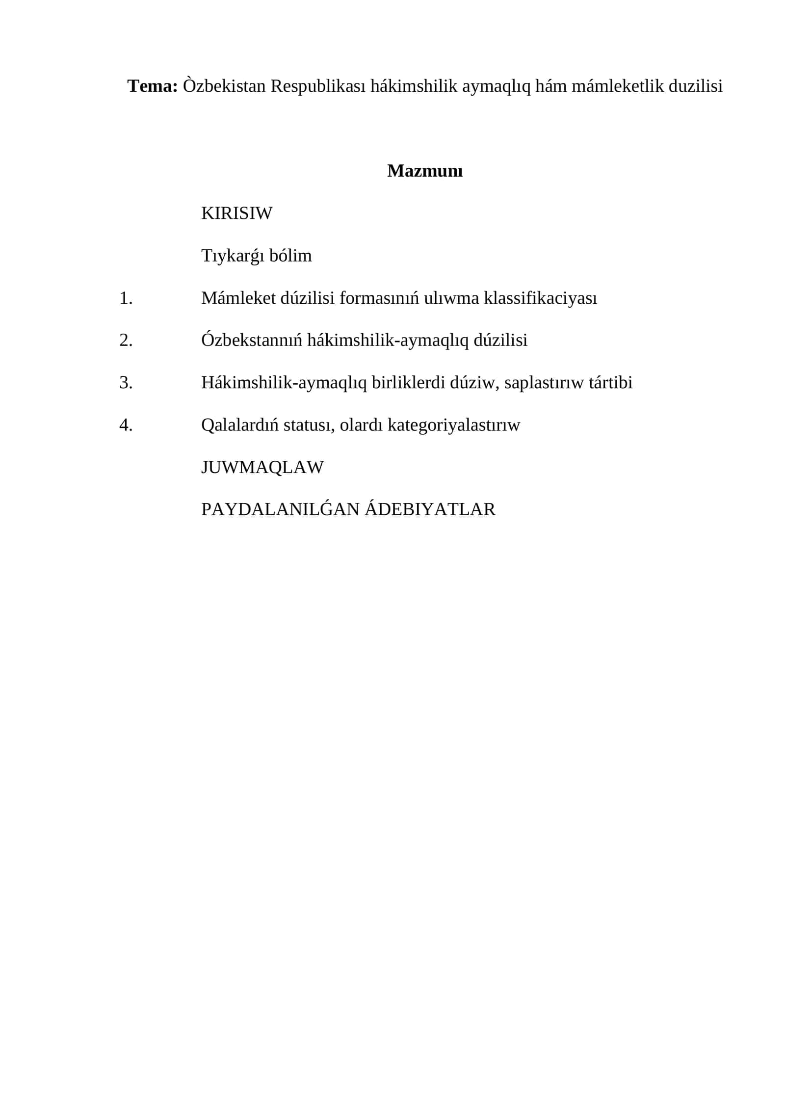 Òzbekistan Respublikası hákimshilik aymaqlıq hám mámleketlik duzilisi