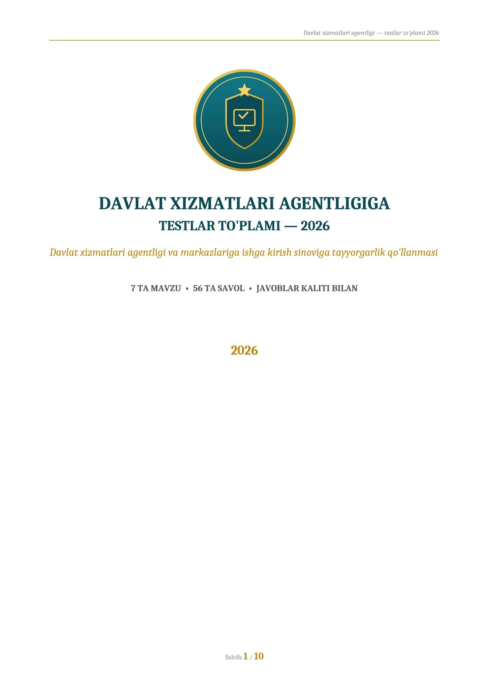 DAVLAT XIZMATLARI AGENTLIGIGA TESTLAR TO'PLAMI—Davlat xizmatlari agentligi va markazlariga ishga kir