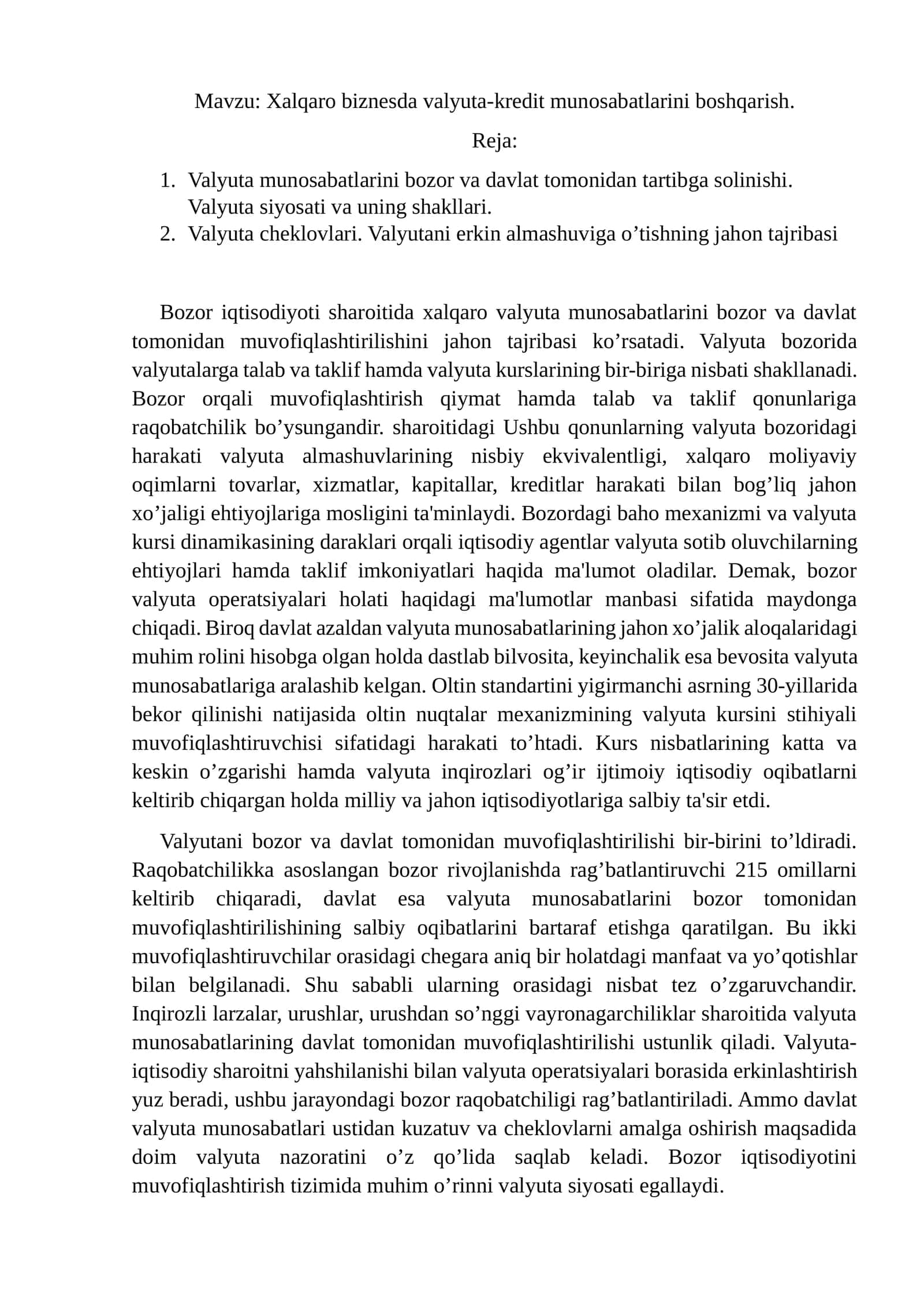 Referat: Xalqaro valyuta munosabatlari