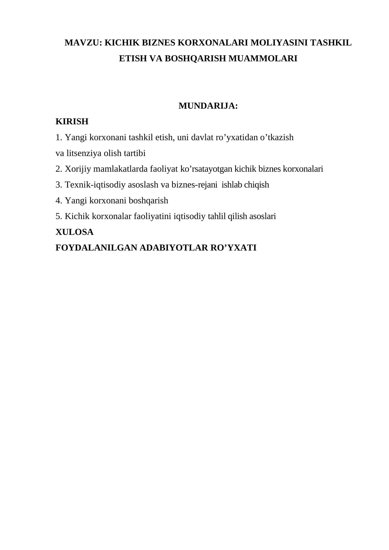 Kichik biznes korxonalari moliyasini tashkil etish va boshqarish muammolari