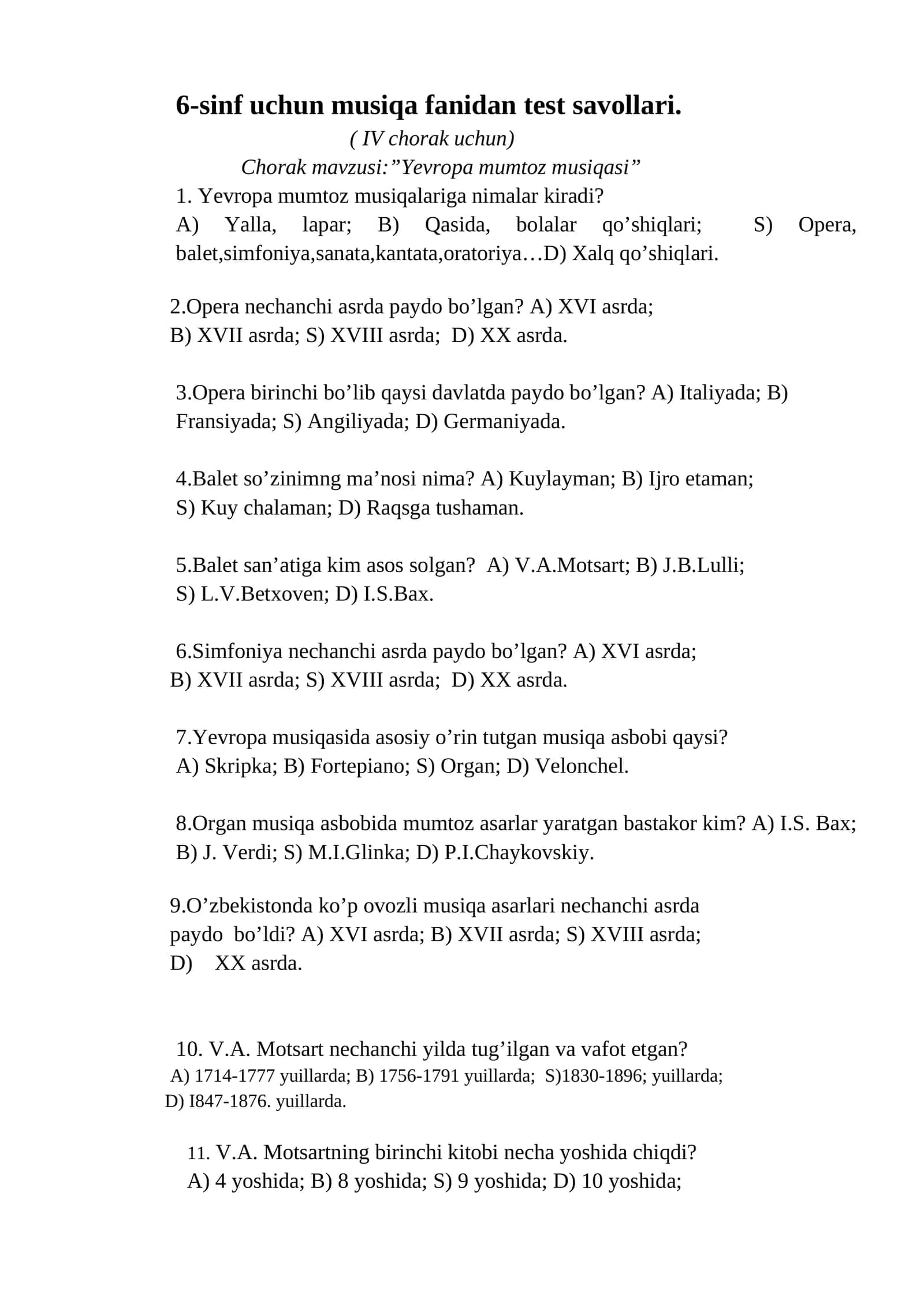 6-sinf uchun musiqa fanidan test savollari