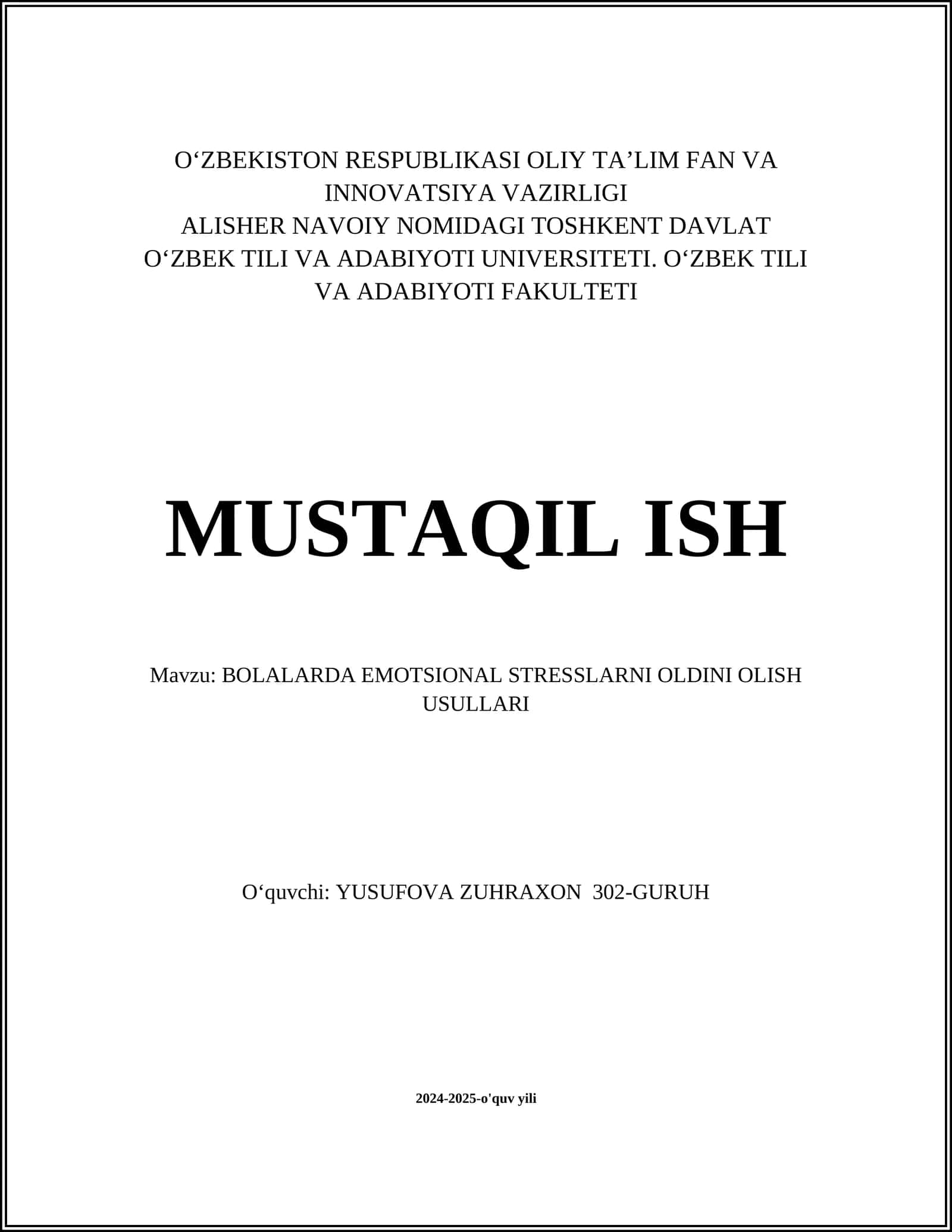 BOLALARDA EMOTSIONAL STRESSLARNI OLDINI OLISH USULLARI