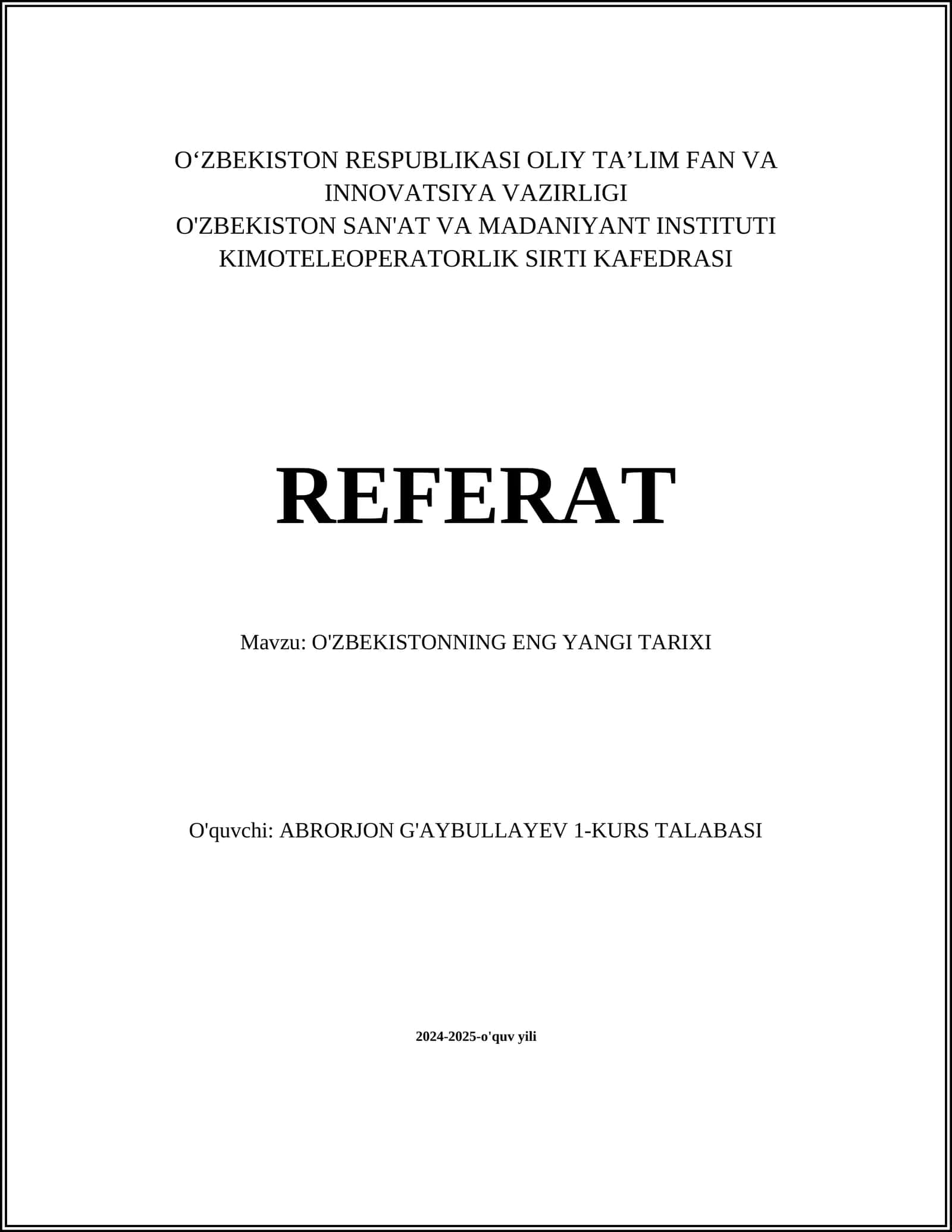 O'ZBEKISTONNING ENG YANGI TARIXI
