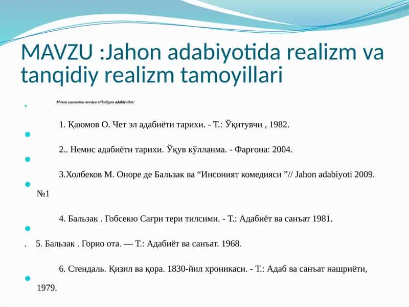 Jahon adabiyotida realizm va tanqidiy realizm tamoyillari