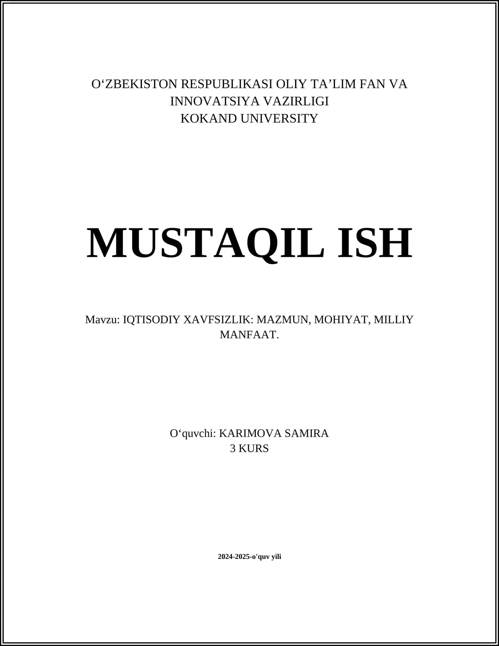 IQTISODIY XAVFSIZLIK: MAZMUN, MOHIYAT, MILLIY MANFAAT