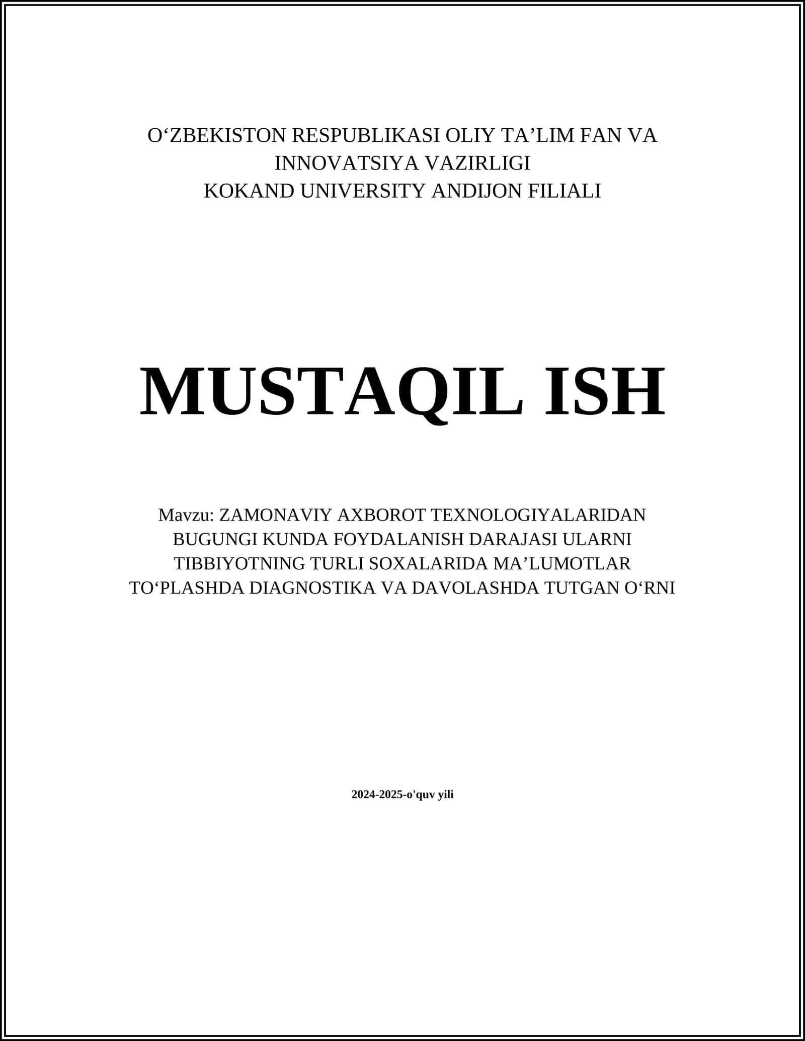 ZAMONAVIY AXBOROT TEXNOLOGIYALARIDAN BUGUNGI KUNDA FOYDALANISH DARAJASI ULARNI TIBBIYOTNING TURLI SOXALARIDA MAʼLUMOTLAR TOʻPLASHDA DIAGNOSTIKA VA DAVOLASHDA TUTGAN OʻRNI