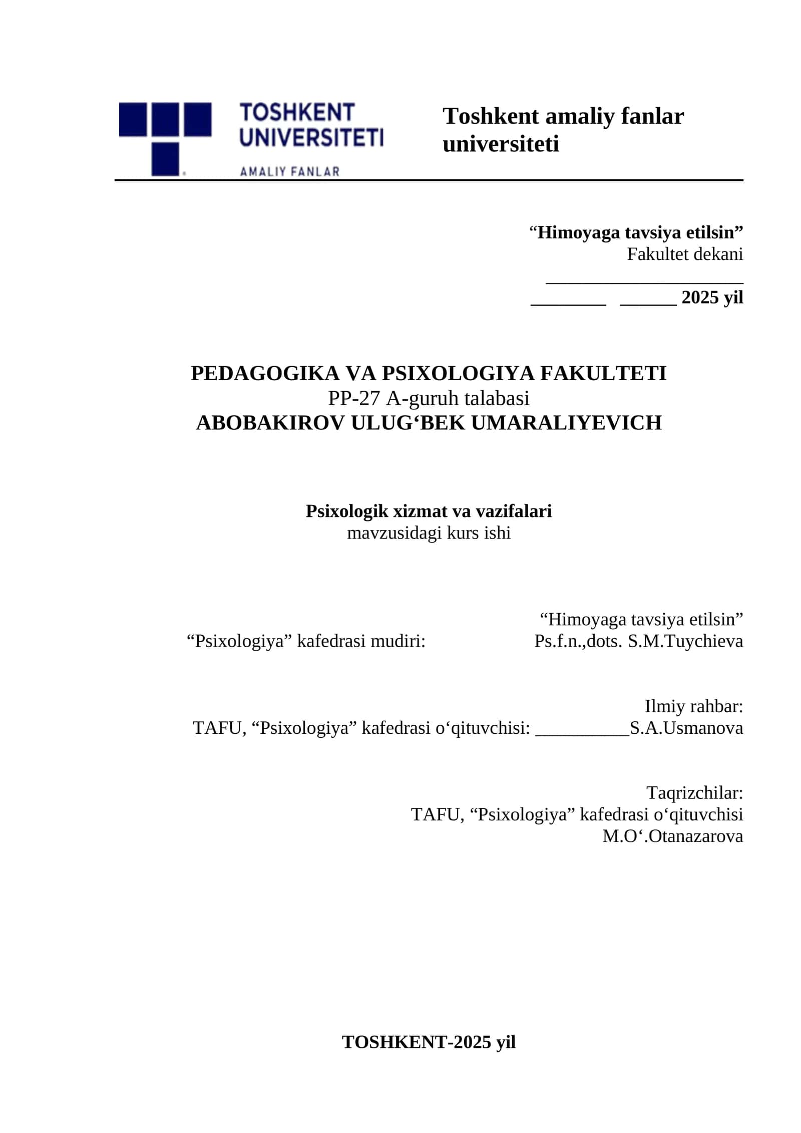 Psixologiya kurs ishi "Himoyaga tavsiya etilsin"
