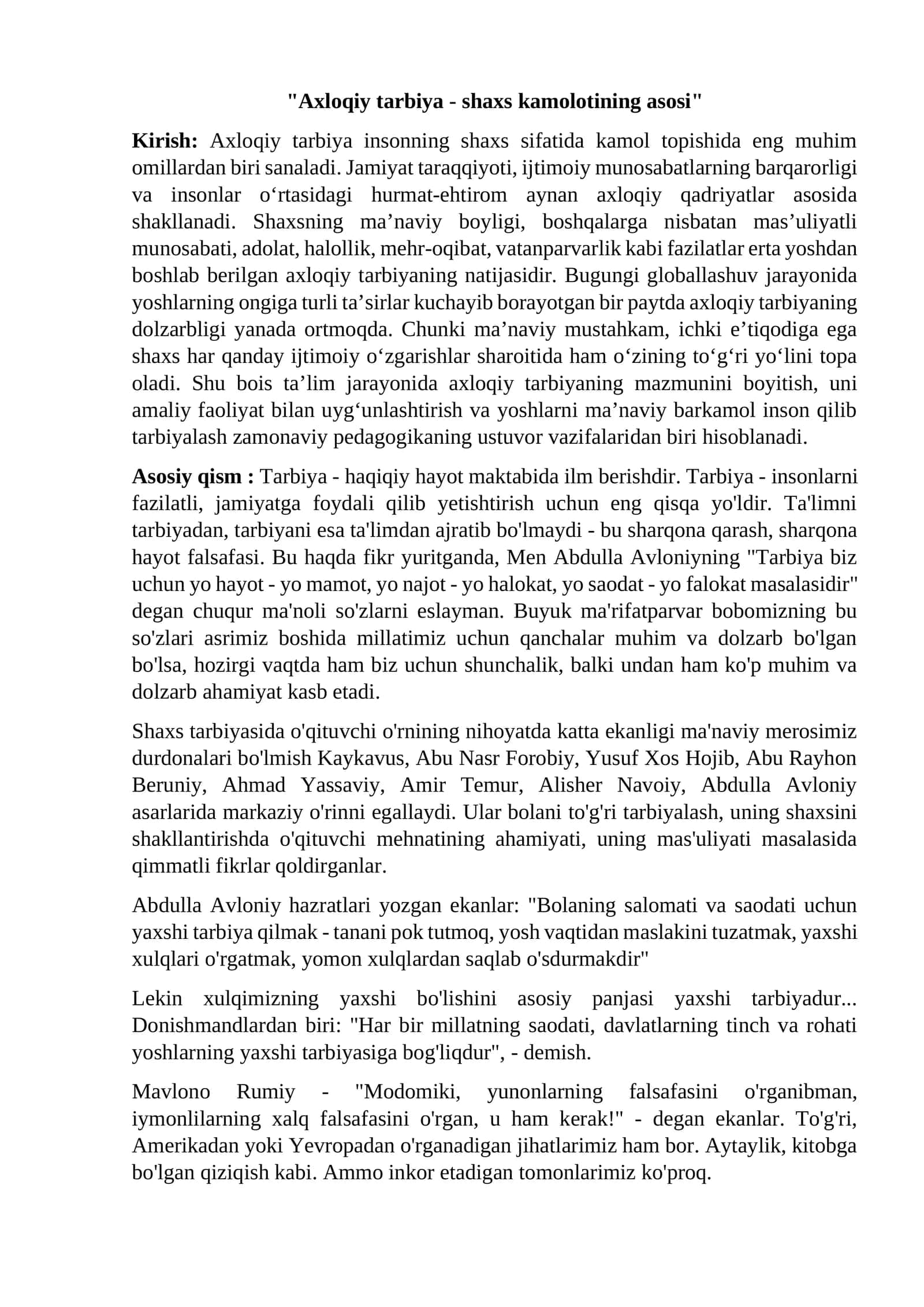 Axloqiy tarbiya - shaxs kamolotining asosi