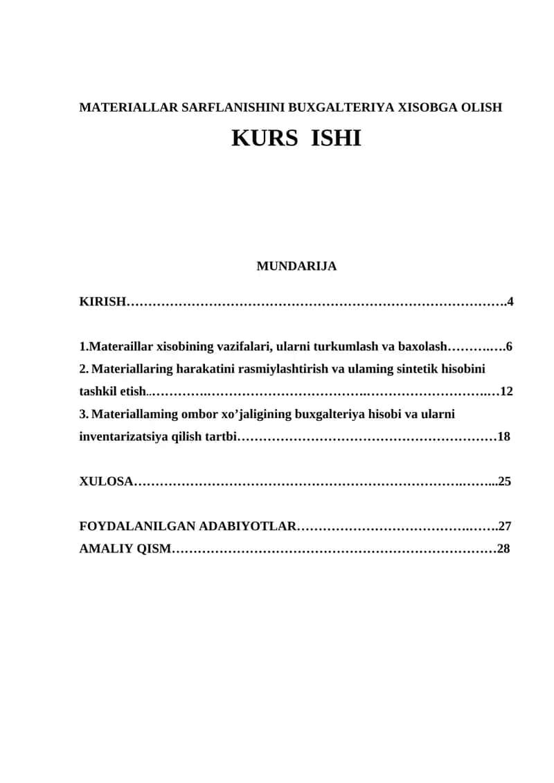 MATERIALLAR SARFLANISHINI BUXGALTERIYA XISOBGA OLISH