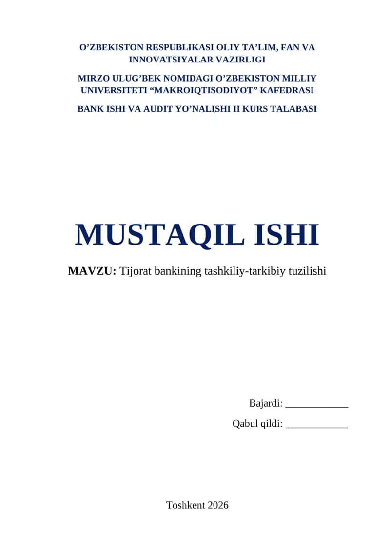 Tijorat bankining tashkiliy-tarkibiy tuzilishi