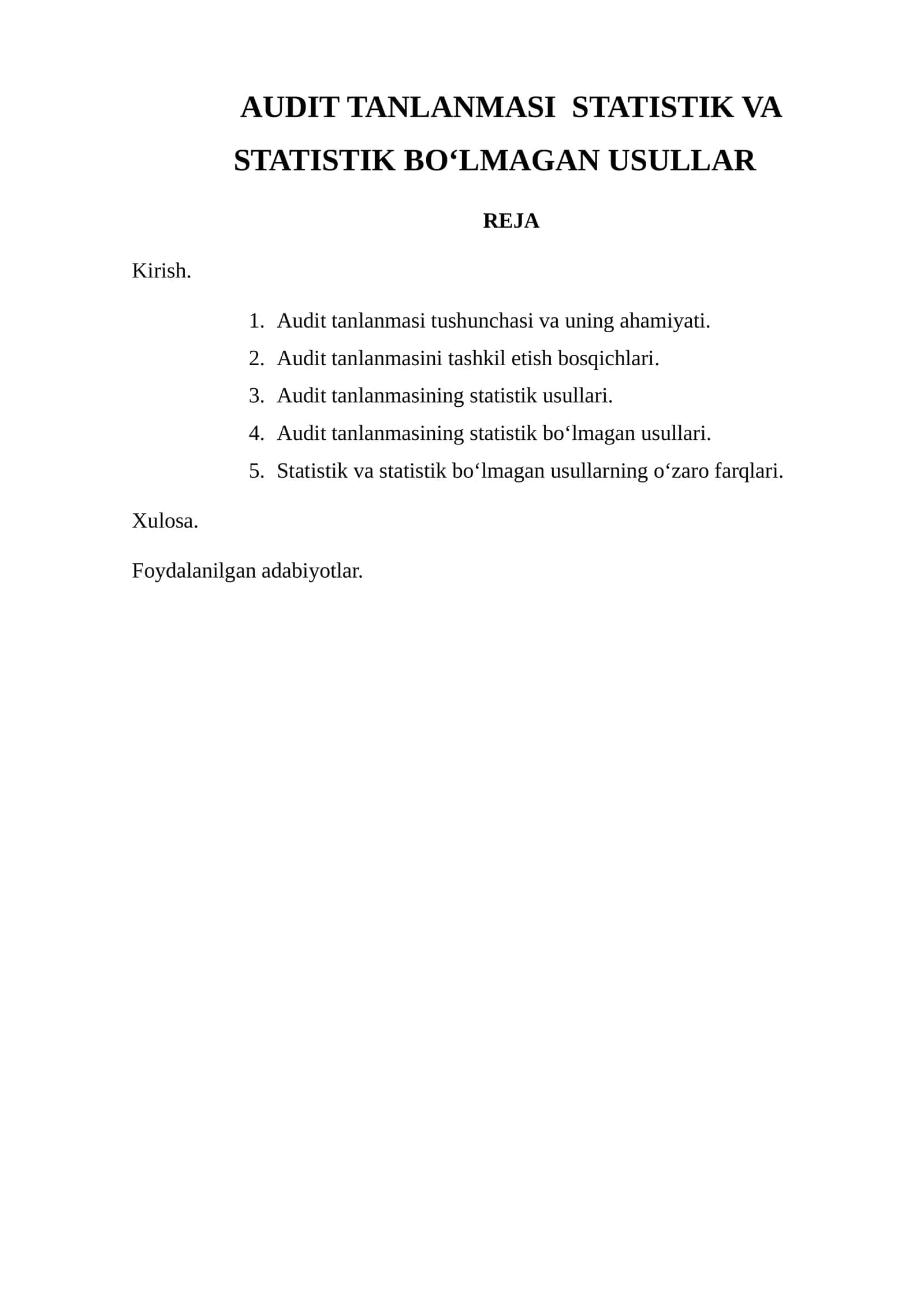 AUDIT TANLANMASI STATISTIK VA STATISTIK BO‘LMAGAN USULLAR