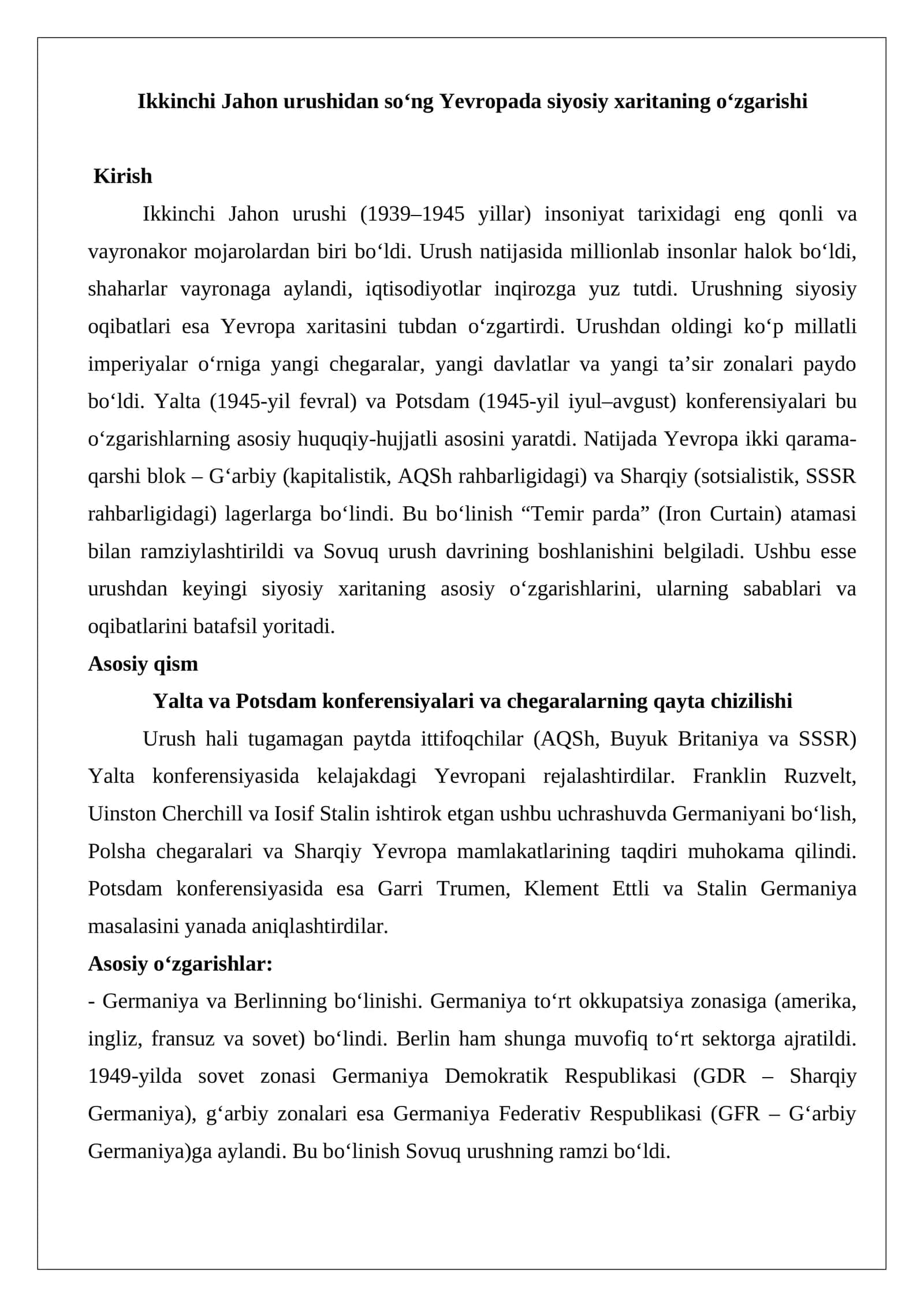 Ikkinchi Jahon urushidan so‘ng Yevropada siyosiy xaritaning o‘zgarishi esse