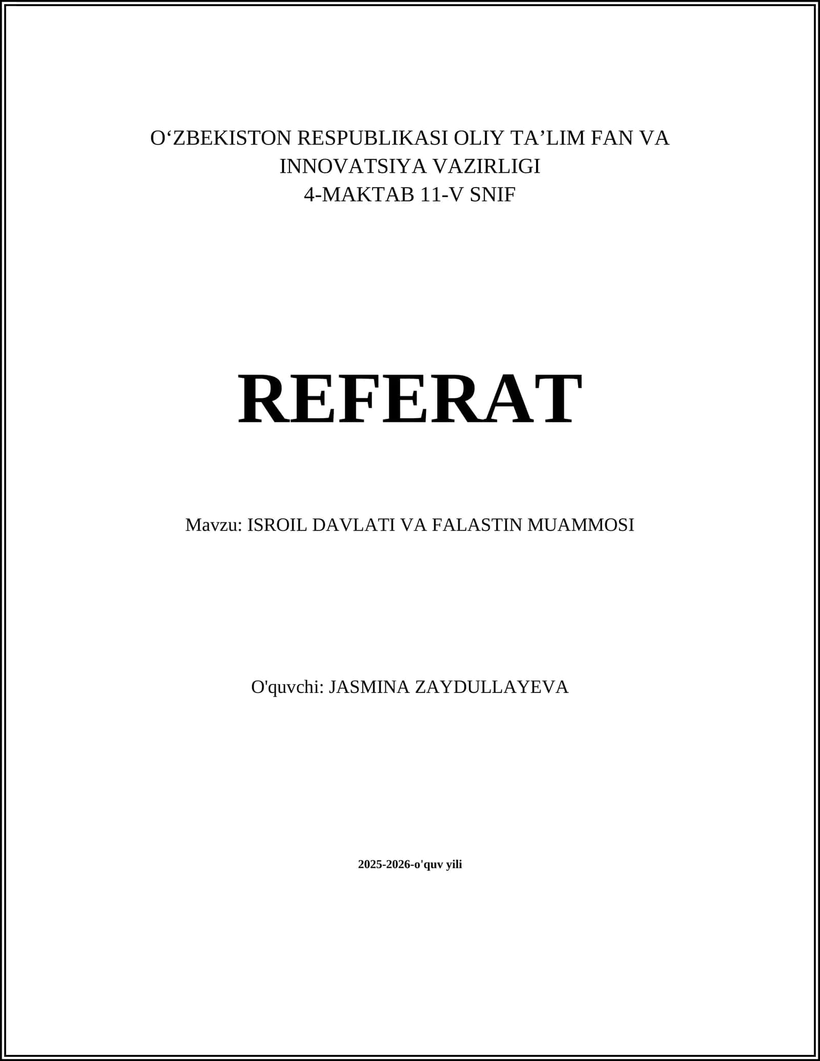 ISROIL DAVLATI VA FALASTIN MUAMMOSI Referat