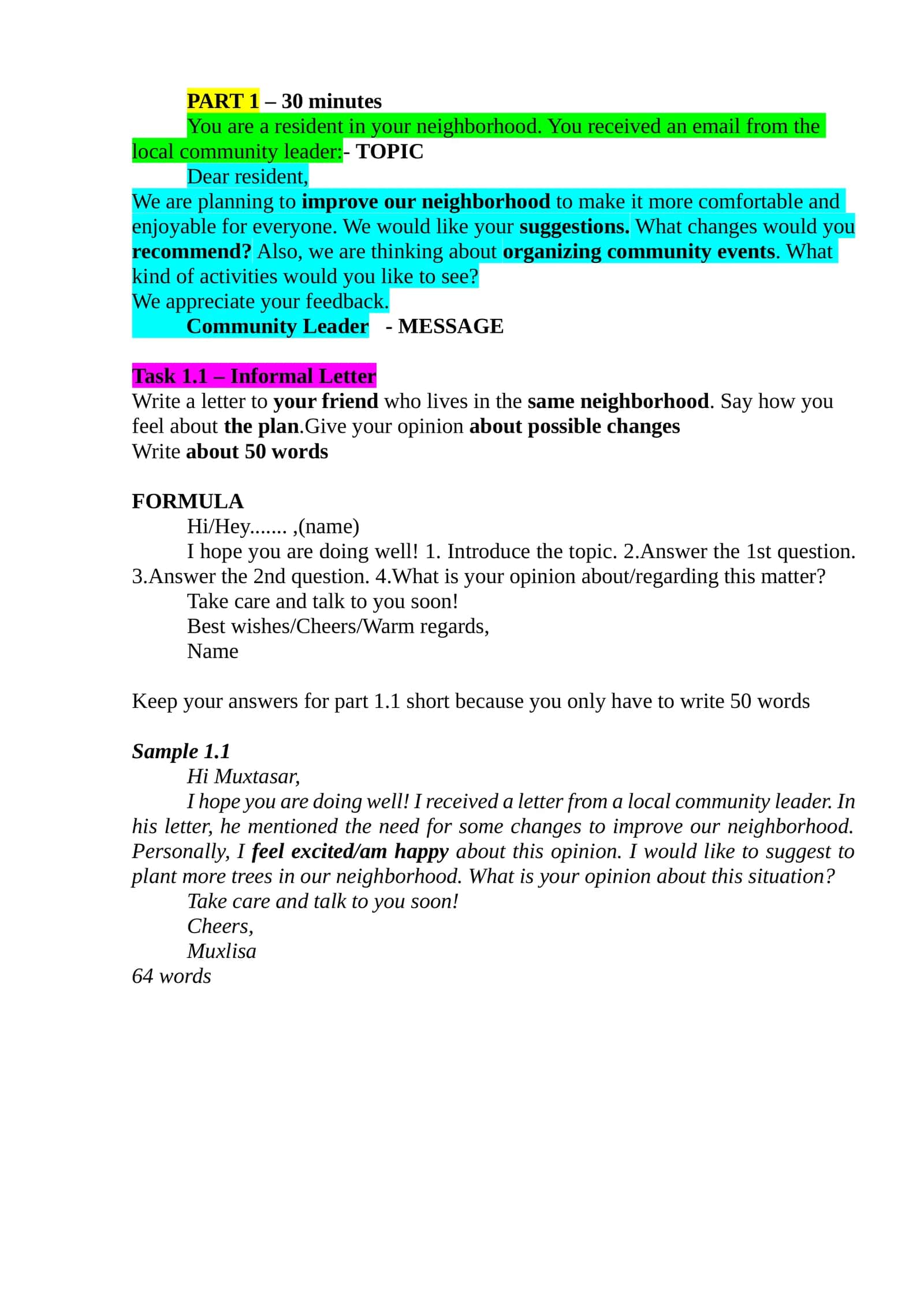 WRITING PART 1.1   1.2    2  FORMULALAR VA NAMUNA ESSEY LETTERS