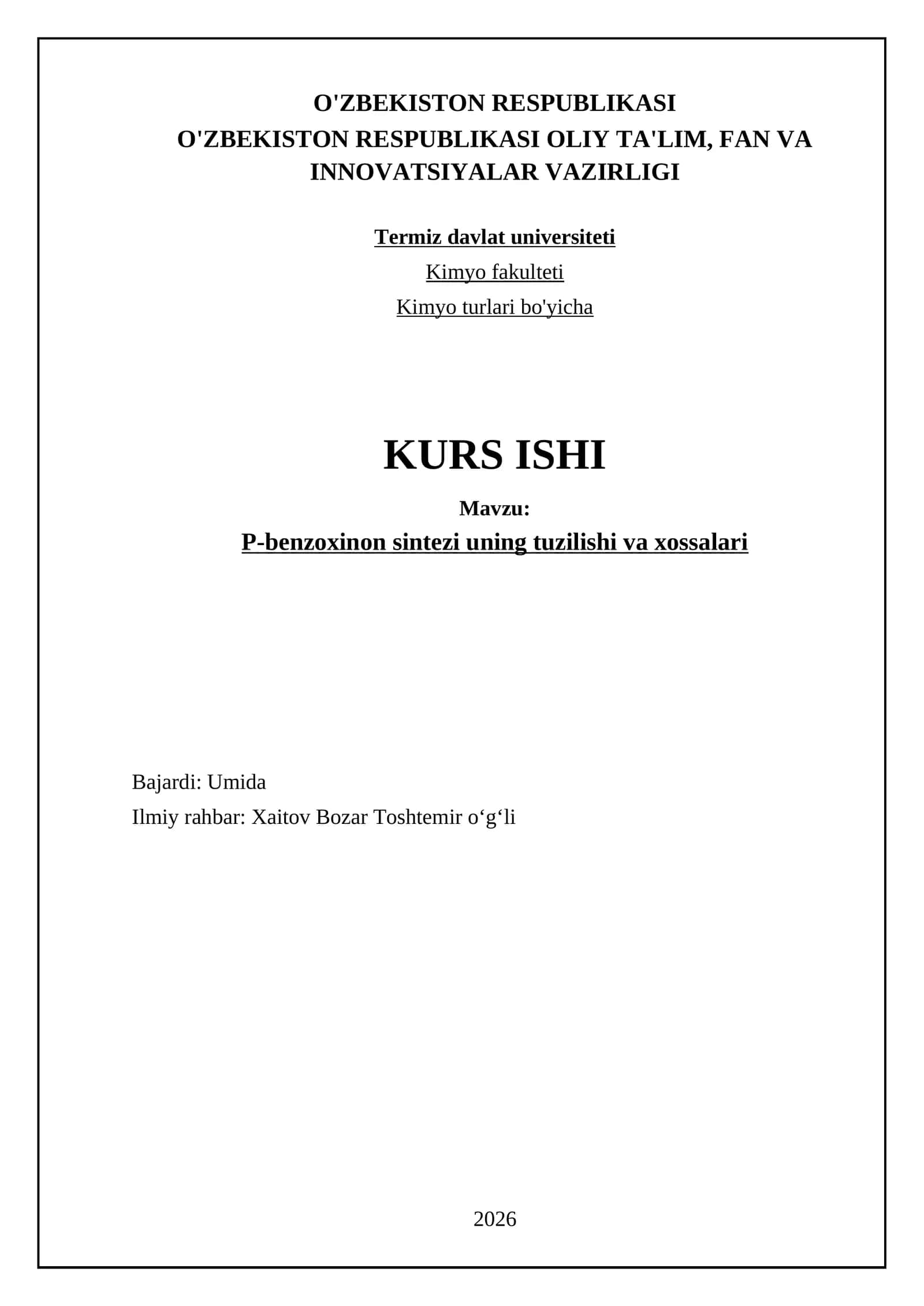 P-benzoxinon sintezi uning tuzilishi va xossalari
