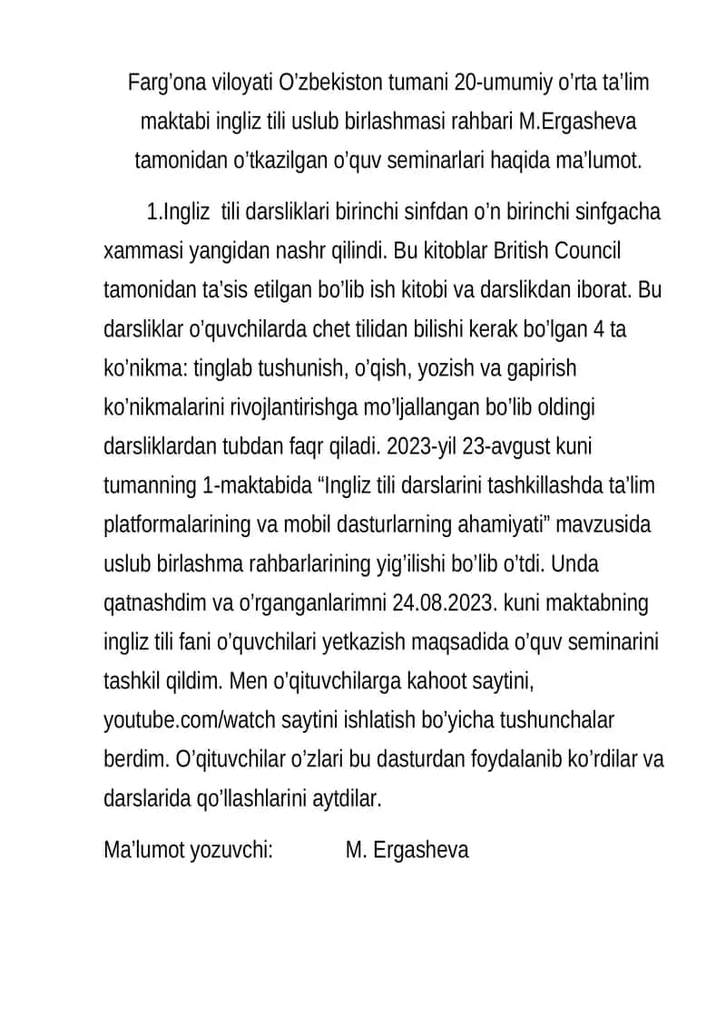 Ingliz tili darsliklari birinchi sinfdan o’n birinchi sinfgacha