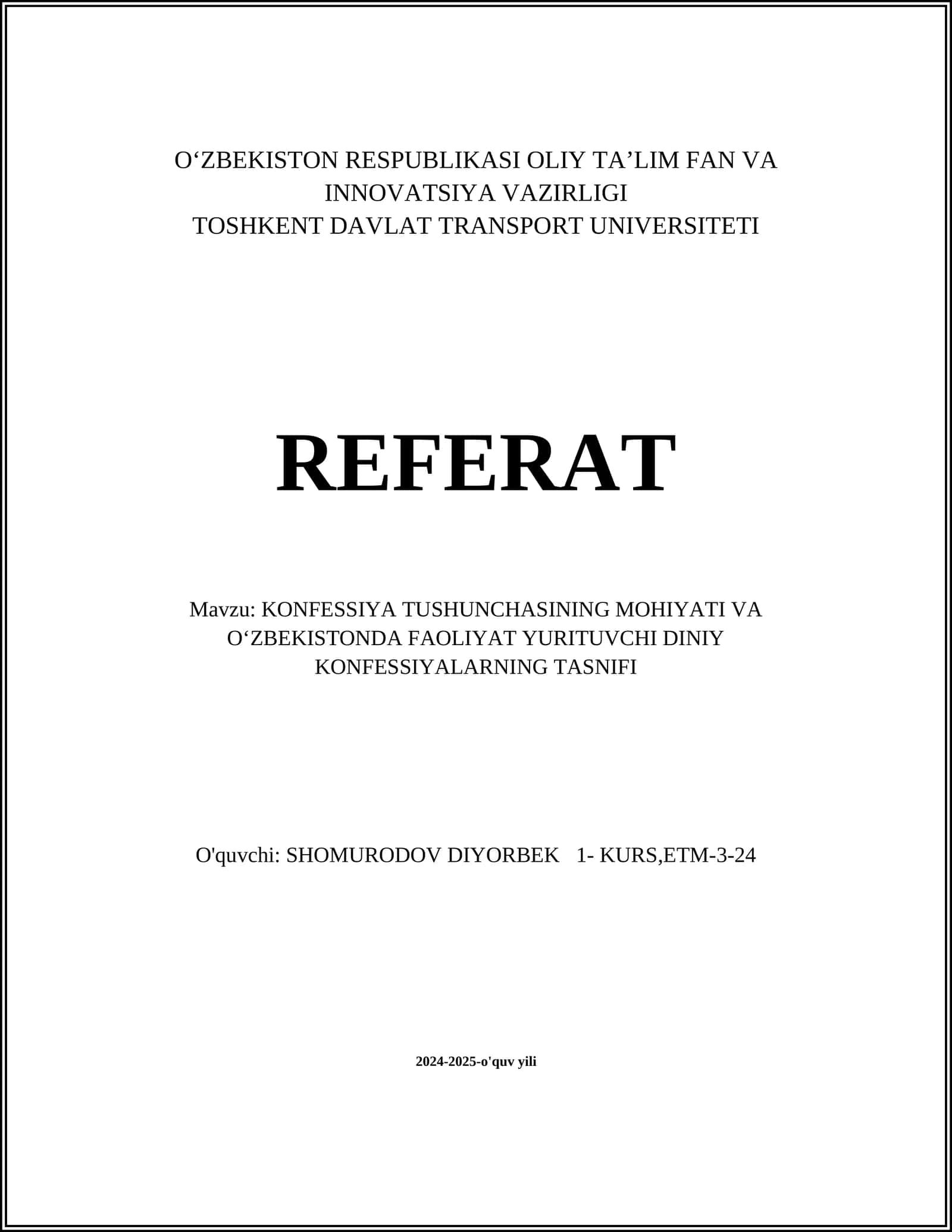 Konfessiya Tushunchasining Mohiyati va Oʻzbekistonda Faoliyat Yurituvchi Diniy Konfessiyalarning Tasnifi