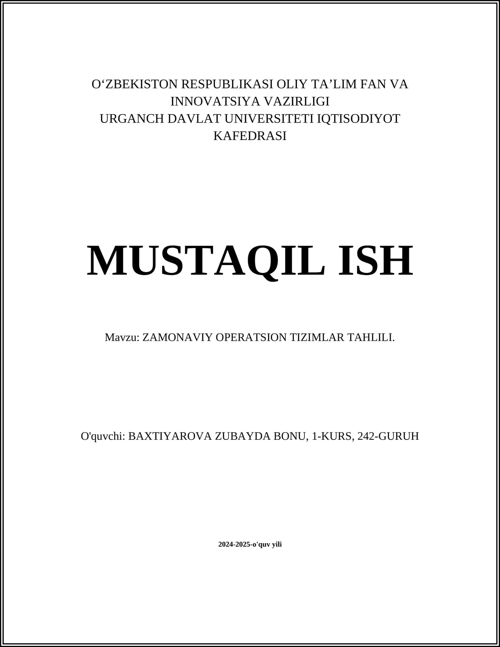 ZAMONAVIY OPERATSION TIZIMLAR TAHLILI