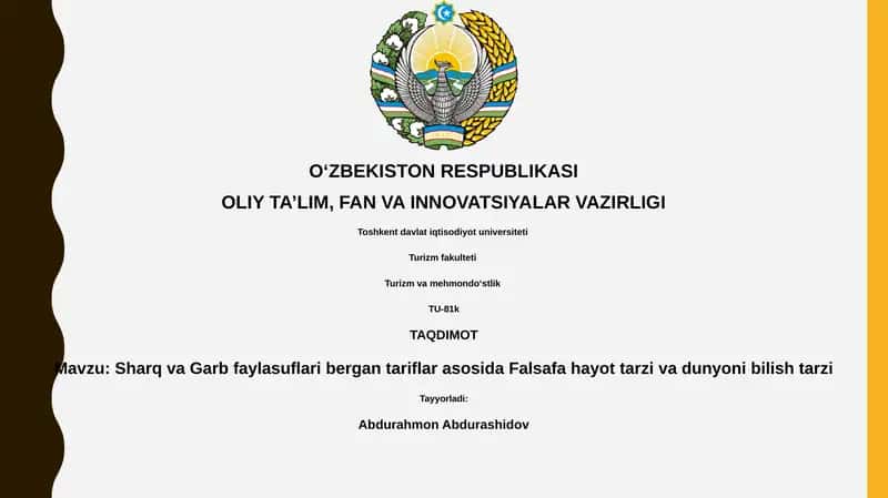 Sharq va Garb faylasuflari bergan tariflar asosida Falsafa hayot tarzi va dunyoni bilish tarzi