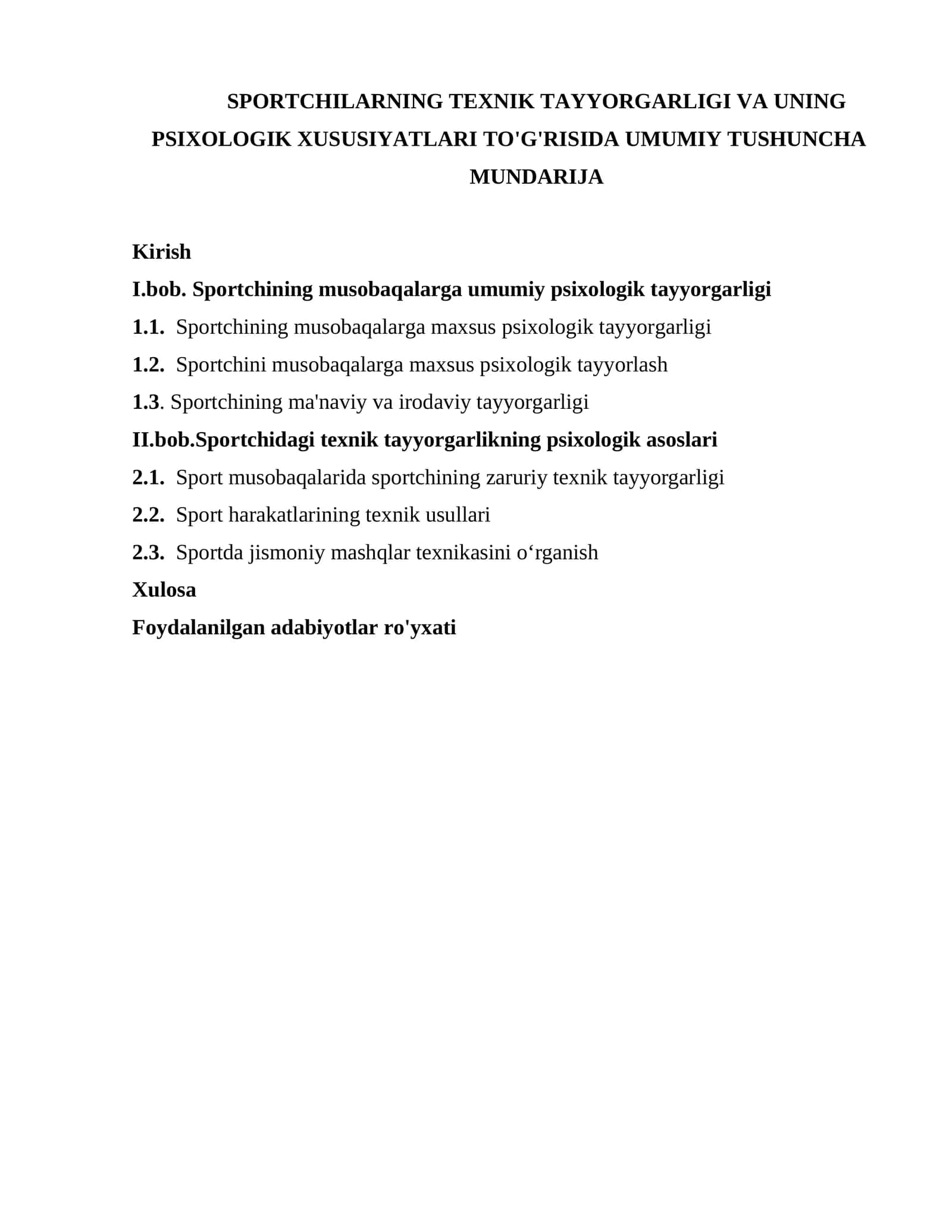 SPORTCHILARNING TEXNIK TAYYORGARLIGI VA UNING PSIXOLOGIK XUSUSIYATLARI TO'G'RISIDA UMUMIY TUSHUNCHA
