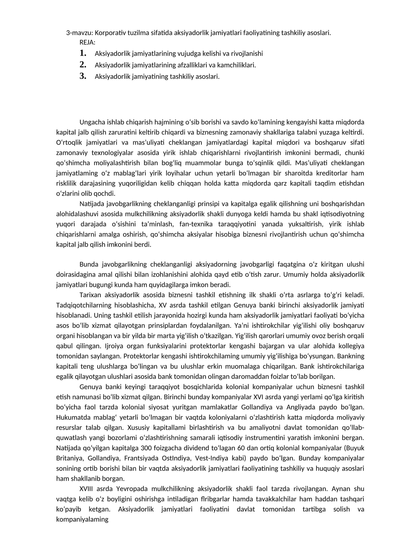 3-mavzu: Korporativ Tuzilma Sifatiida Aksiyadorlik Jamiyatlar Faoliyatining Tashkiliy Asoslari