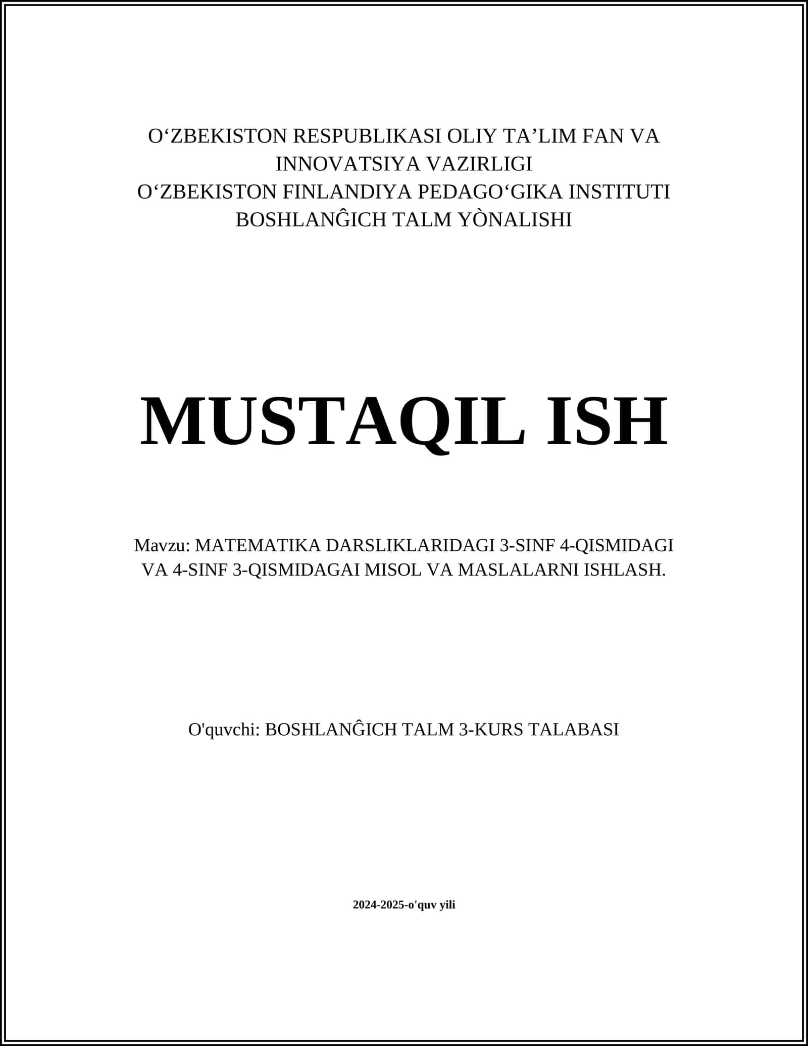 MATEMATIKA DARSLIKLARIDAGI 3-SINF 4-QISMIDAGI VA 4-SINF 3-QISMIDAGAI MISOL VA MASLALARNI ISHLASH