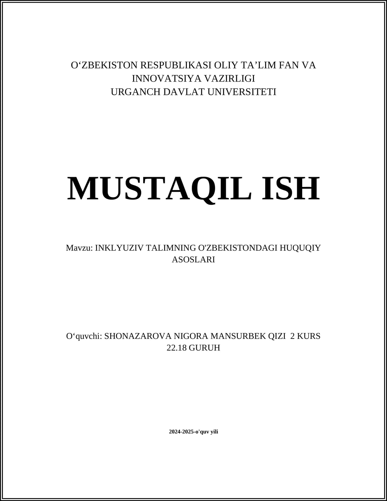 INKLYUZIV TALIMNING O'ZBEKISTONDAGI HUQUQIY ASOSLARI