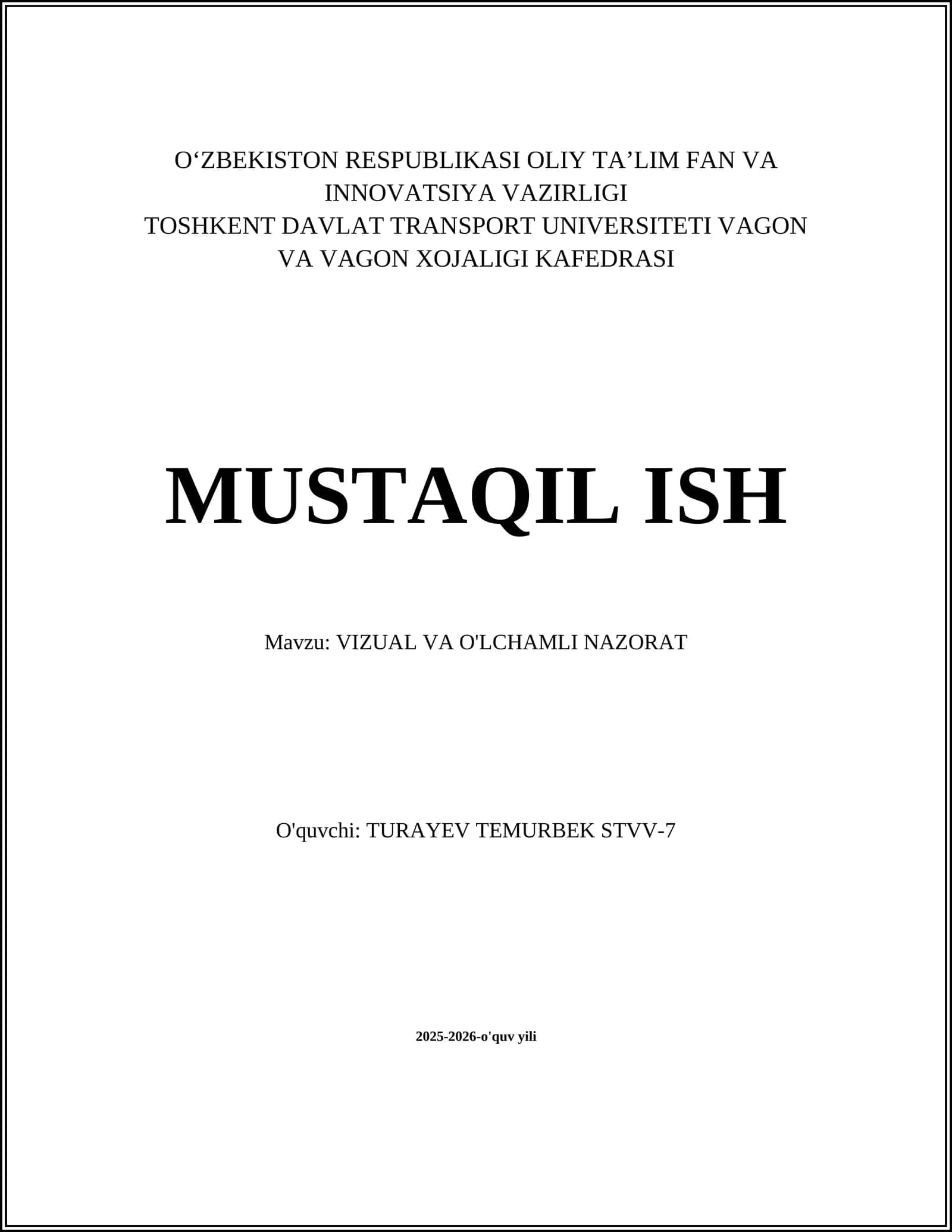 VIZUAL VA O'LCHAMLI NAZORAT