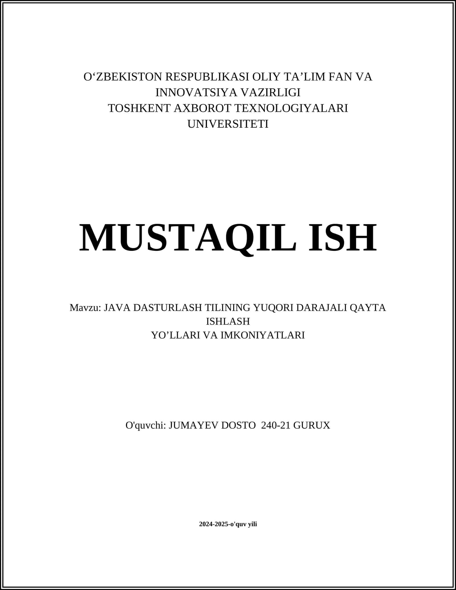 JAVA DASTURLASH TILINING YUQORI DARAJALI QAYTA ISHLASH YO’LLARI VA IMKONIYATLARI