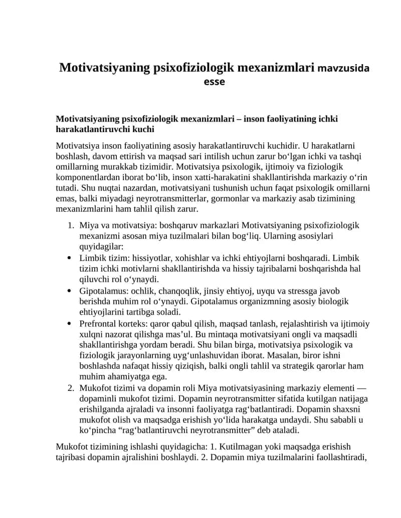 Motivatsiyaning psixofiziologik mexanizmlari mavzusida esse