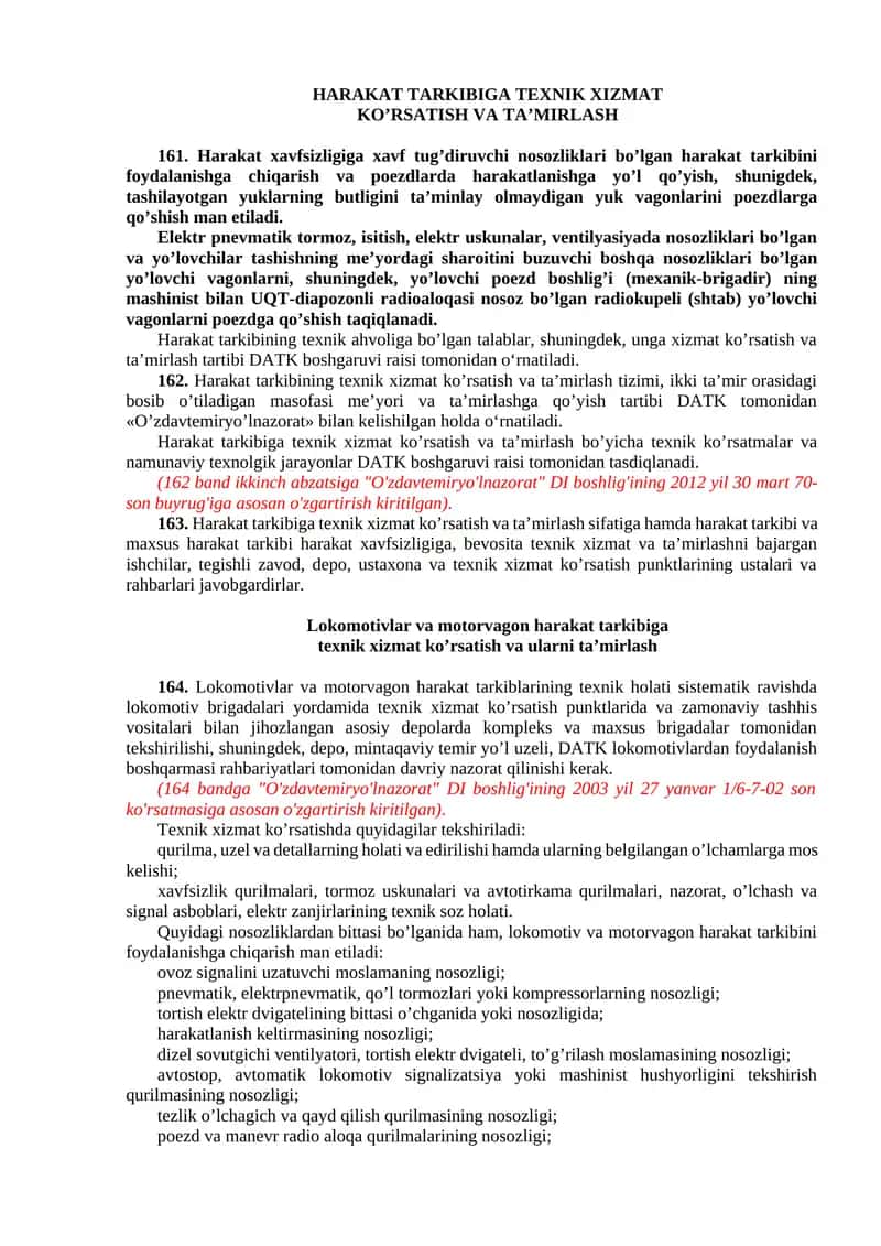 Harakat tarkibining texnik xizmat ko’rsatish va ta’mirlash