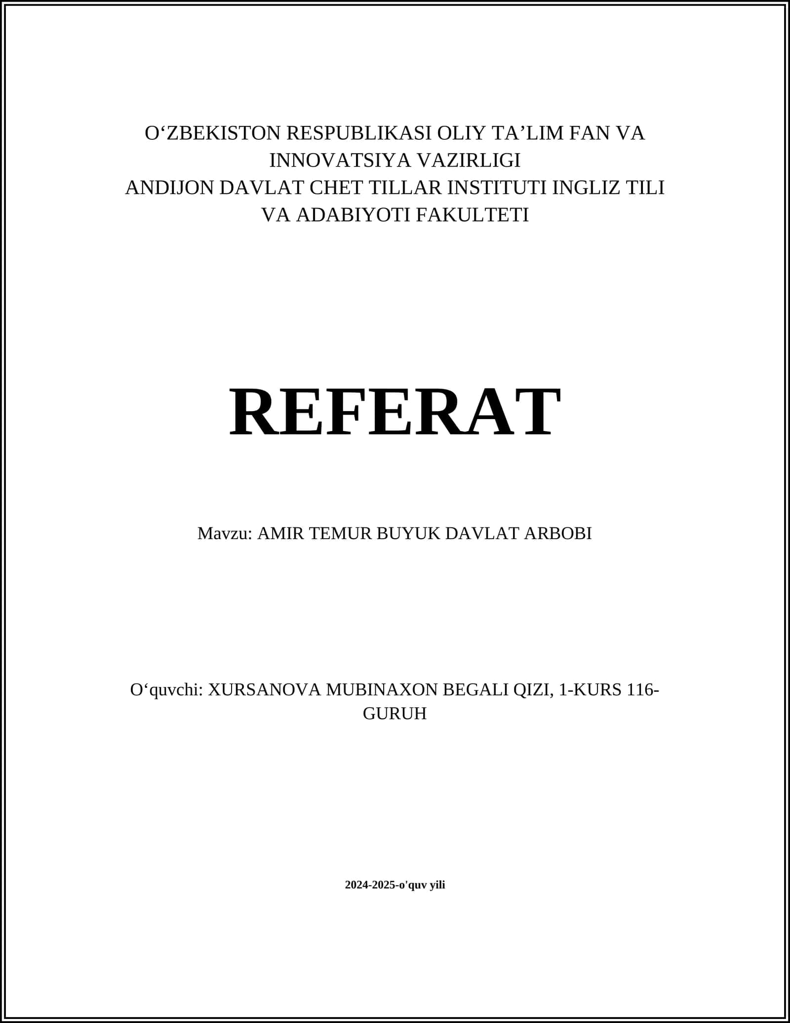 AMIR TEMUR BUYUK DAVLAT ARBOBI