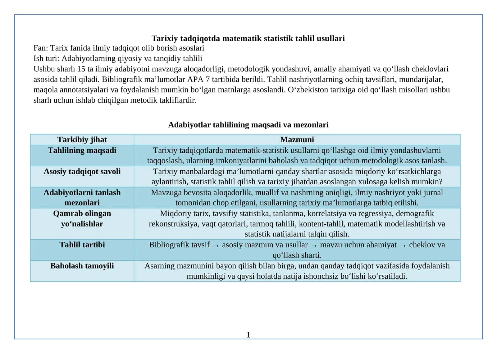 Tarixiy tadqiqotda matematik statistik tahlil usullari adabiyotlar tahlili