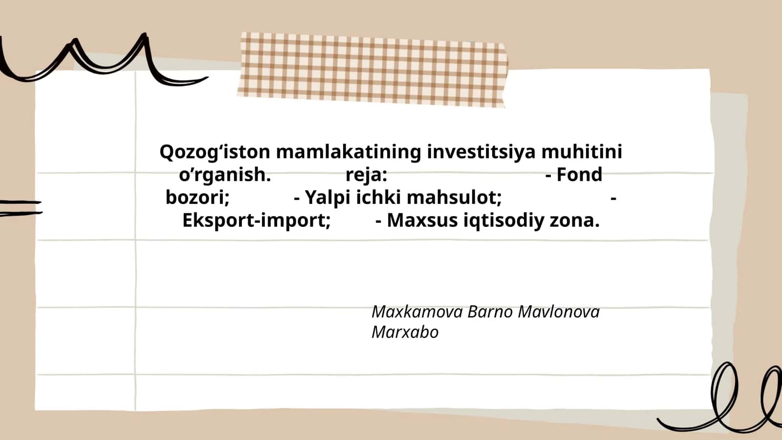 Qozog‘iston mamlakatining investitsiya muhitini o’rganish