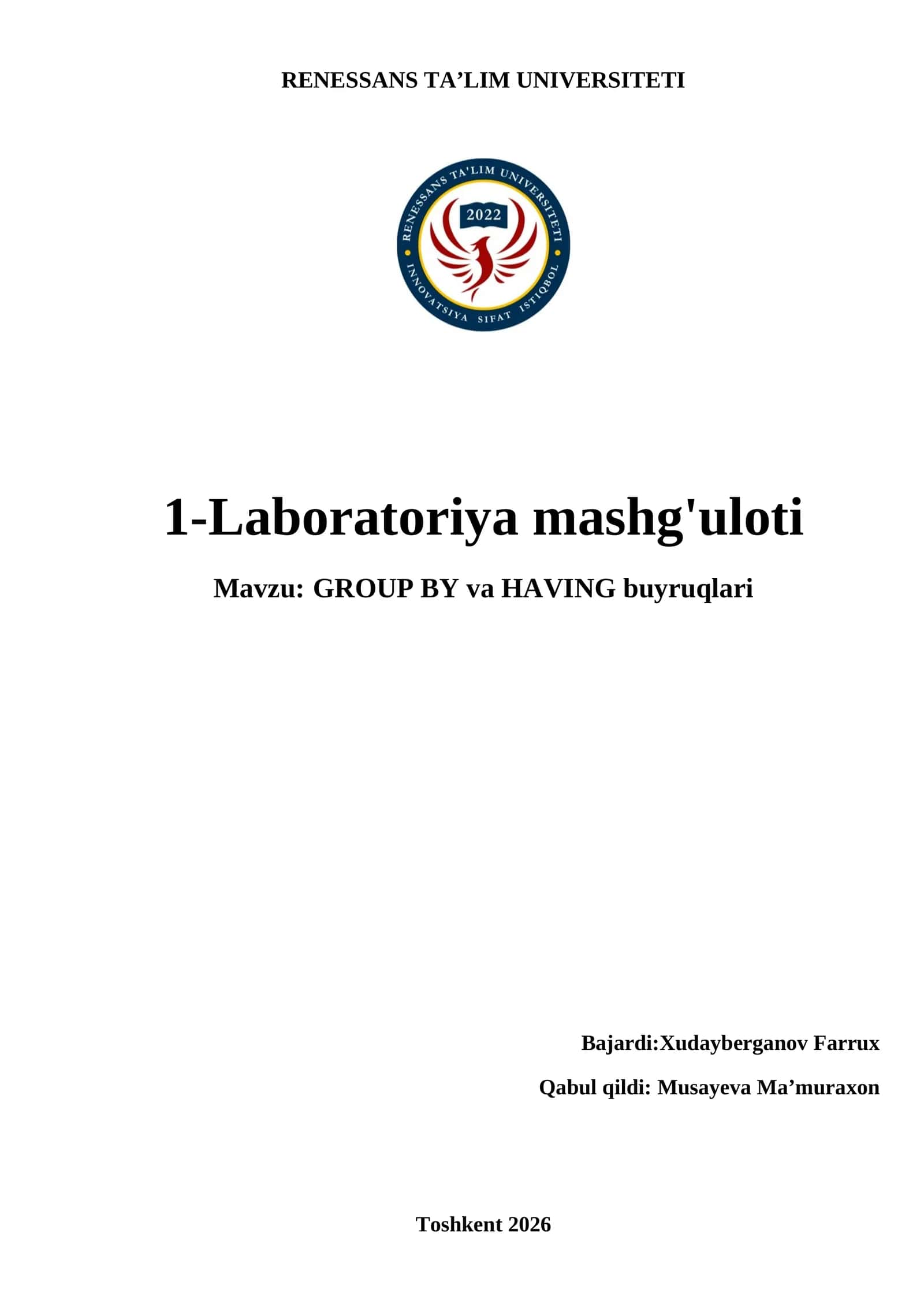 GROUP BY va HAVING buyruqlari Laboratoriya mashg'uloti