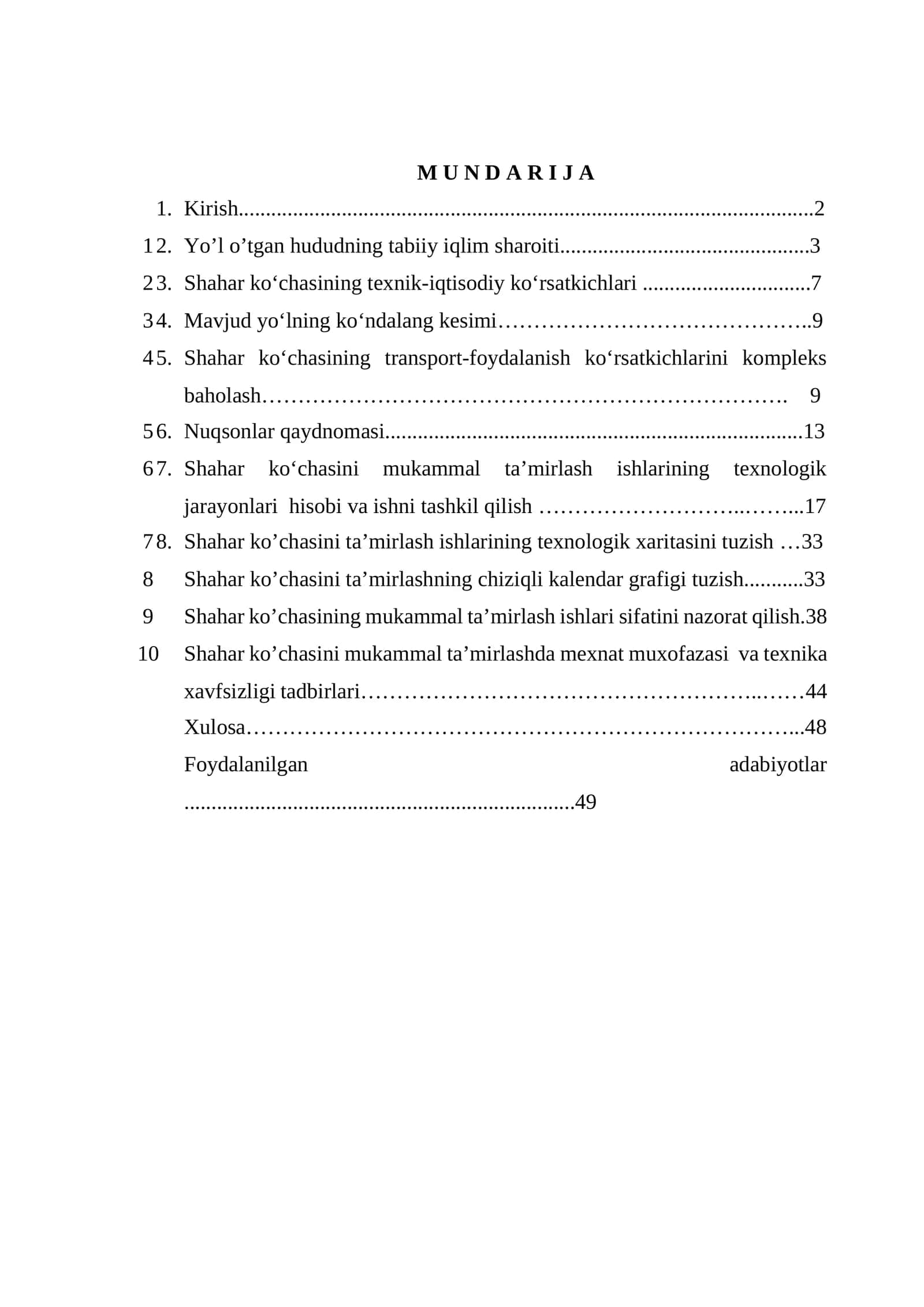 Shahar ko’chasini ta’mirlash ishlarining texnologik xaritasini tuzish