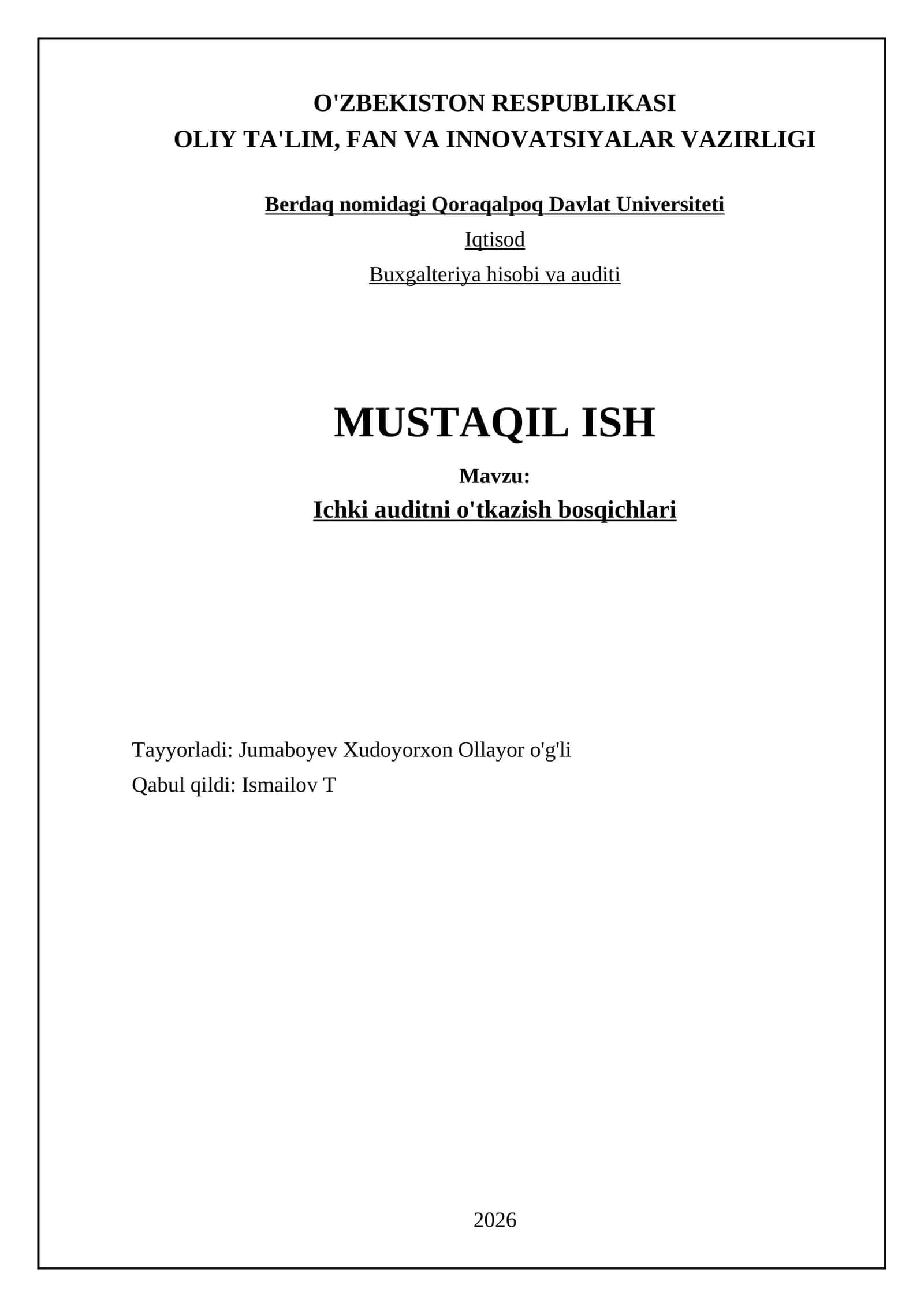 Ichki auditni o'tkazish bosqichlari